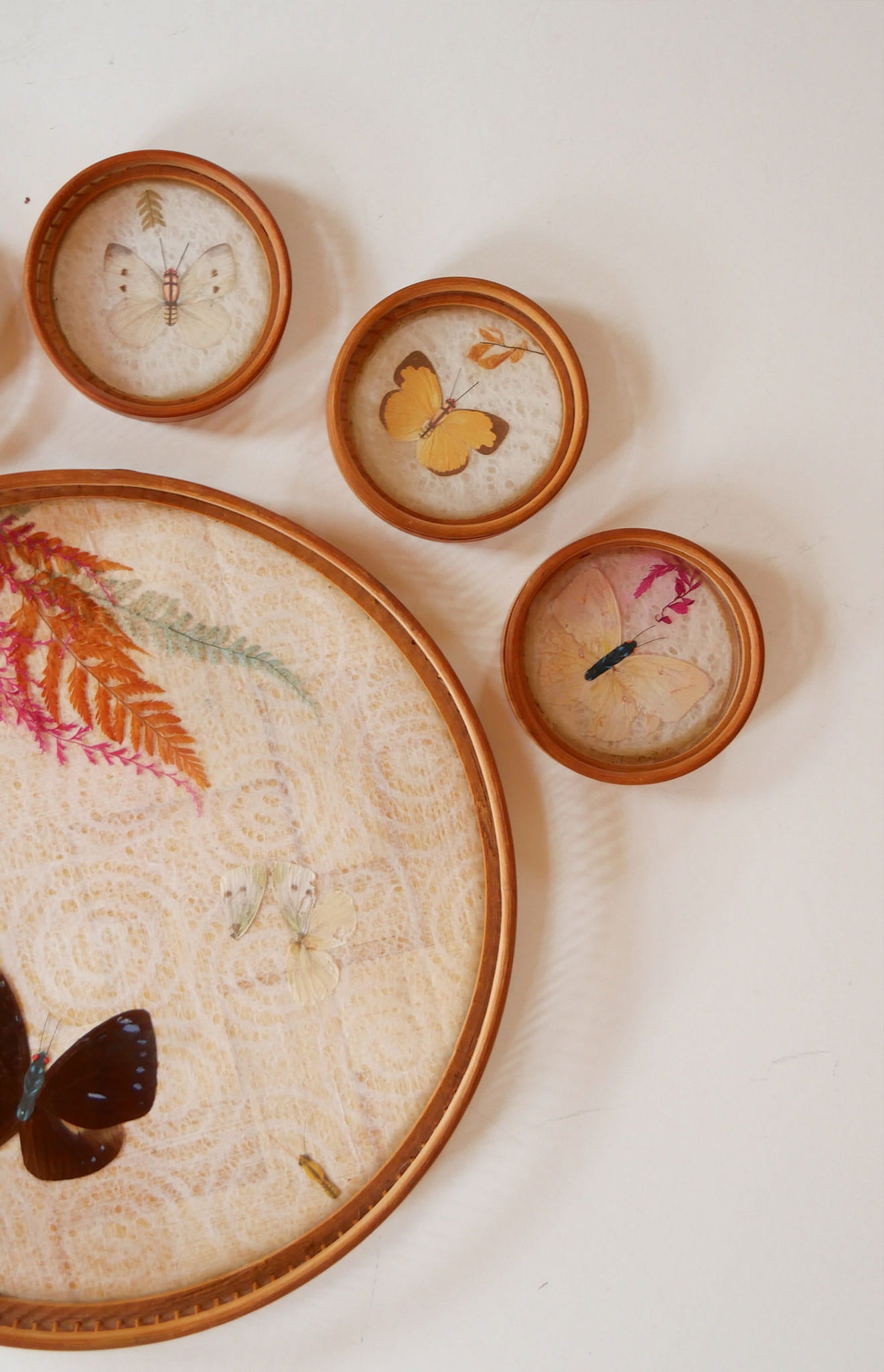 Vintage Bamboo Tray and Coasters with Pressed Florals and Butterflies, Vintage Bamboo Butterfly and Floral Tray, Vintage Butterfly Tray and Coaster, Vintage Butterfly and Floral Tray and Coasters