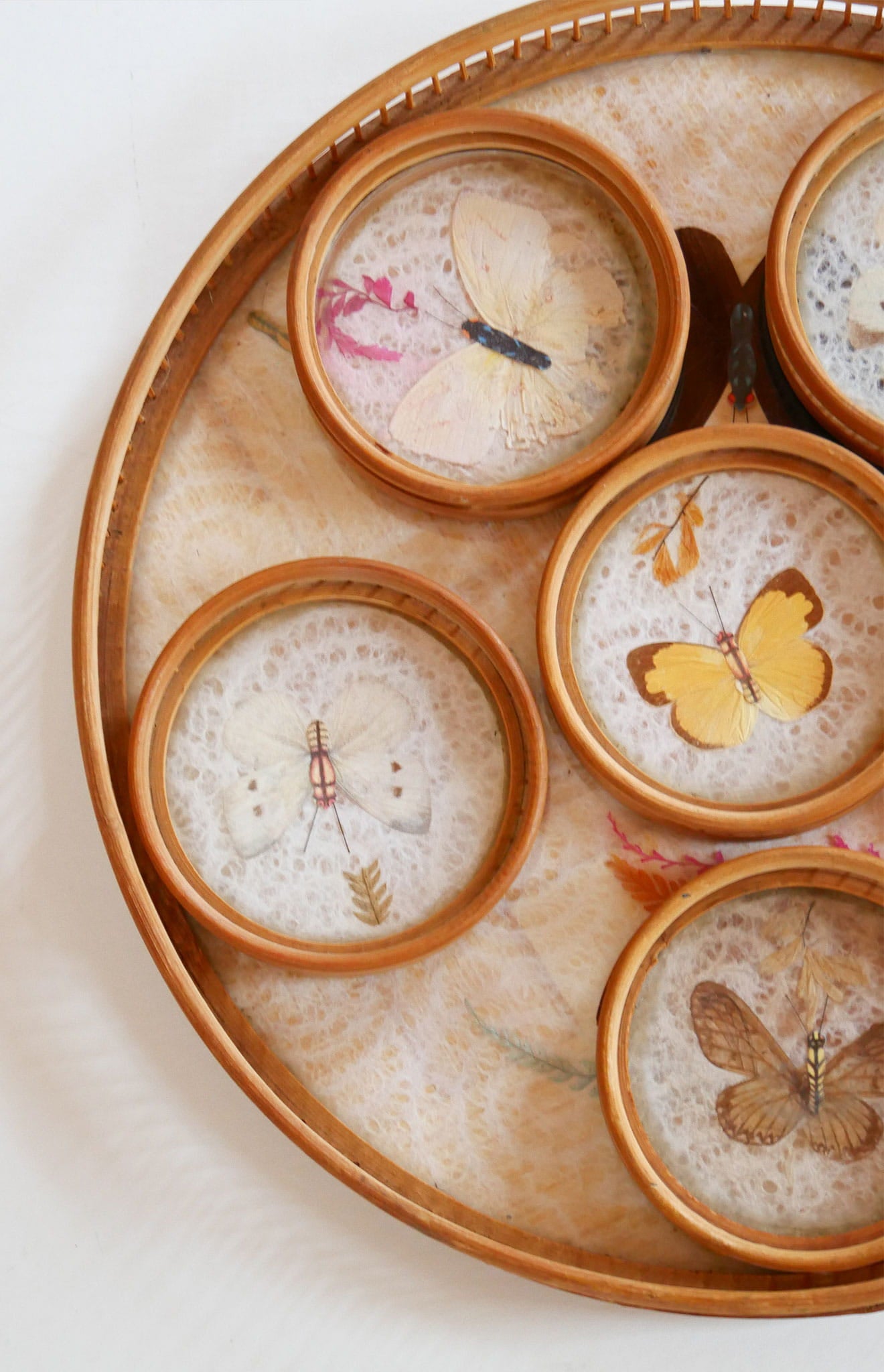 Vintage Bamboo Tray and Coasters with Pressed Florals and Butterflies, Vintage Bamboo Butterfly and Floral Tray, Vintage Butterfly Tray and Coaster, Vintage Butterfly and Floral Tray and Coasters