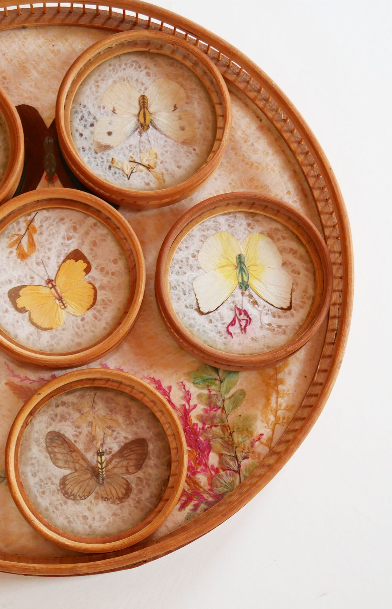 Vintage Bamboo Tray and Coasters with Pressed Florals and Butterflies, Vintage Bamboo Butterfly and Floral Tray, Vintage Butterfly Tray and Coaster, Vintage Butterfly and Floral Tray and Coasters