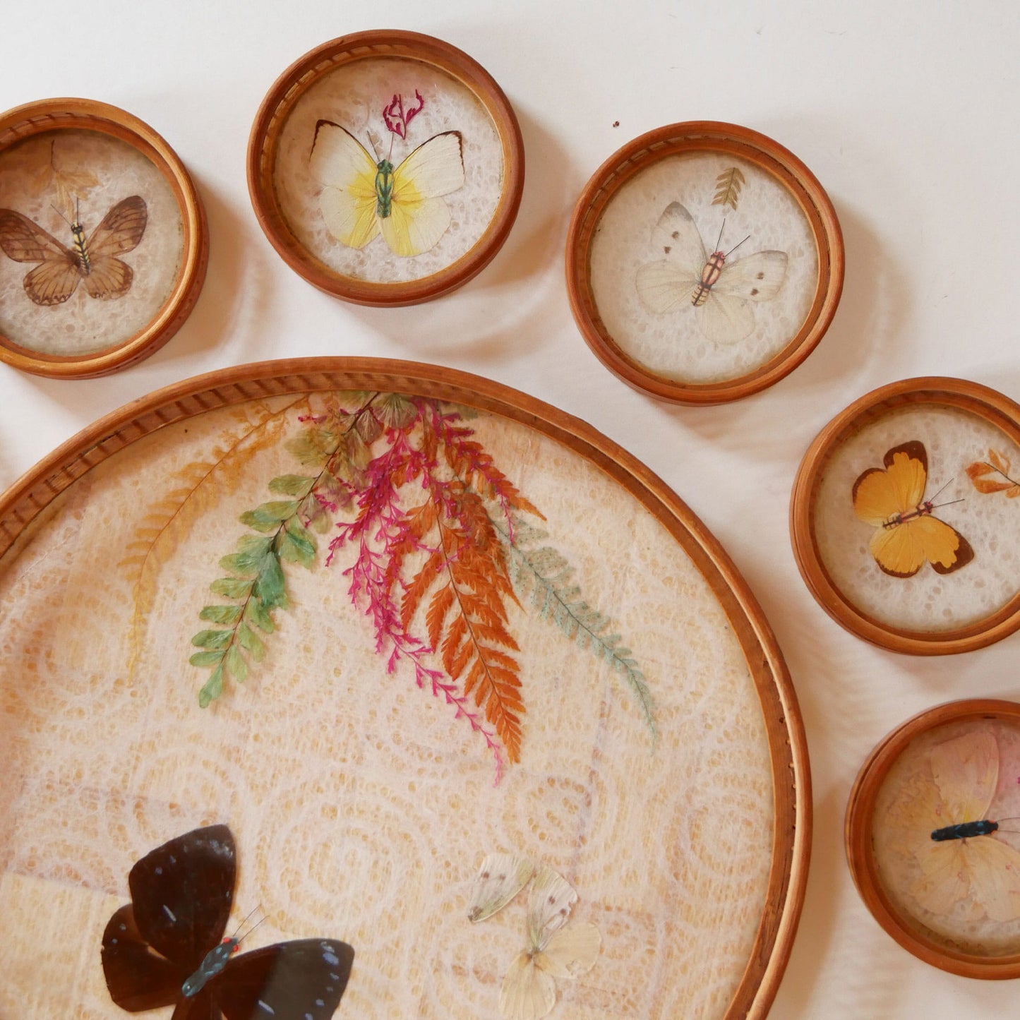 Vintage Bamboo Tray and Coasters with Pressed Florals and Butterflies, Vintage Bamboo Butterfly and Floral Tray, Vintage Butterfly Tray and Coaster, Vintage Butterfly and Floral Tray and Coasters