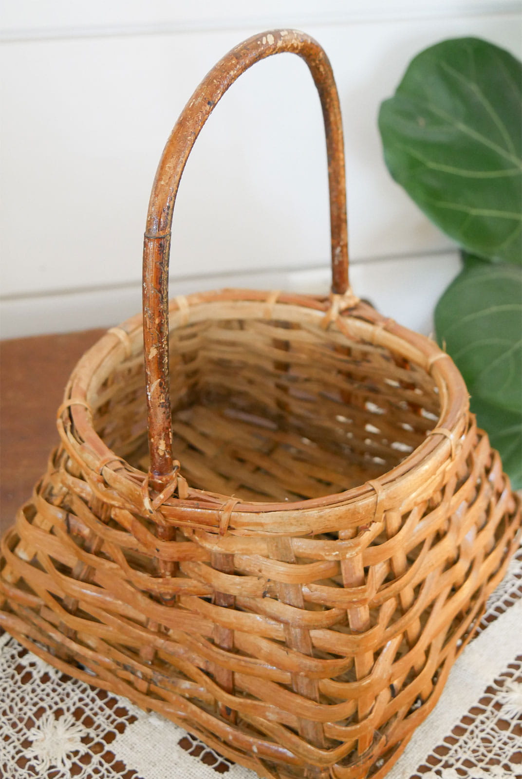 Vintage Bamboo Handle Wicker Woven Basket, Vintage Bamboo Woven Basket with Handle, Vintage Farmhouse Baskets
