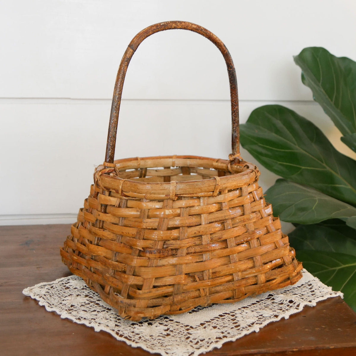 Vintage Bamboo Handle Wicker Woven Basket, Vintage Bamboo Woven Basket with Handle, Vintage Farmhouse Baskets
