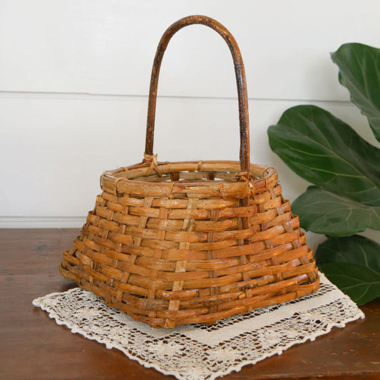 Vintage Bamboo Handle Wicker Woven Basket, Vintage Bamboo Woven Basket with Handle, Vintage Farmhouse Baskets