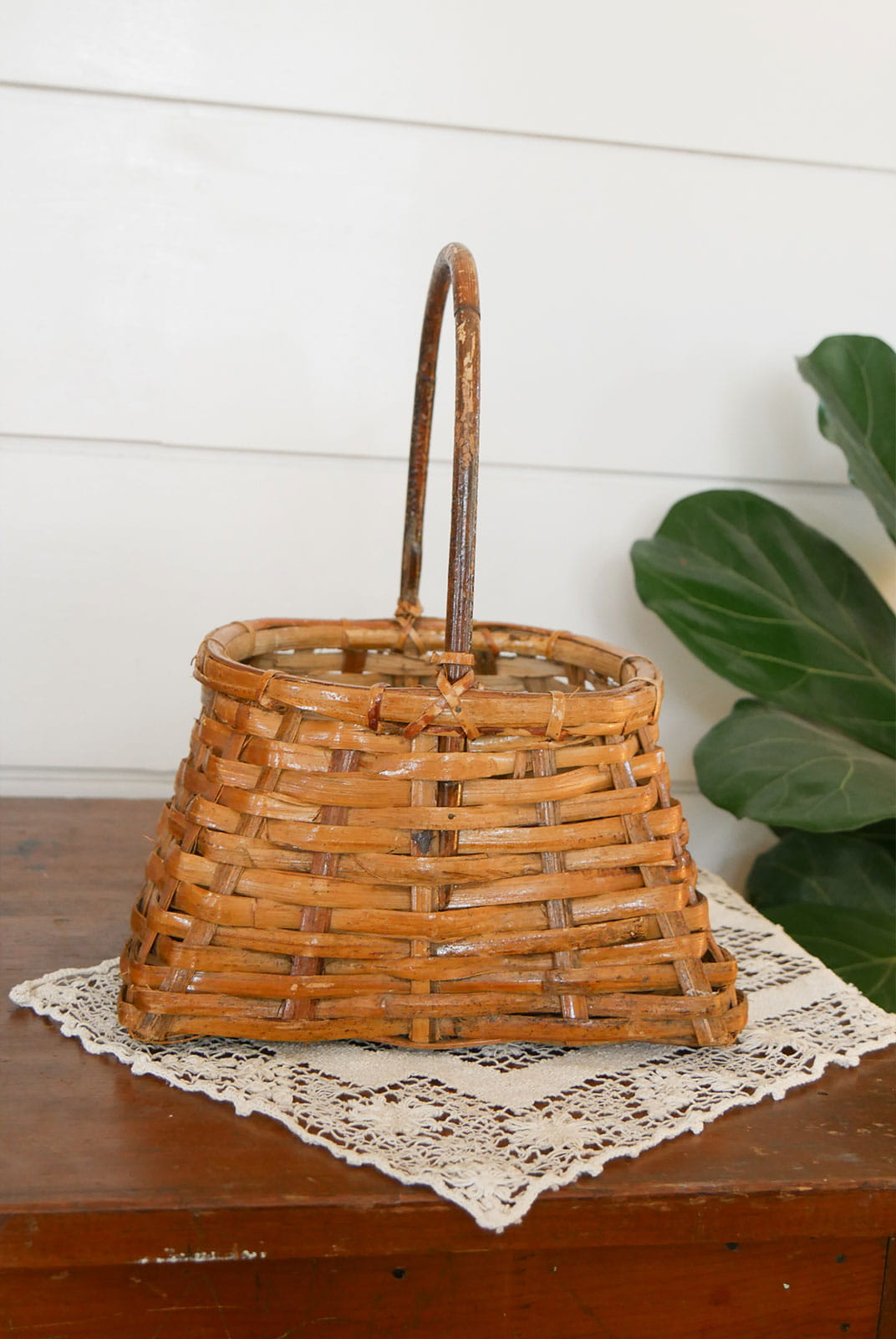 Vintage Bamboo Handle Wicker Woven Basket, Vintage Bamboo Woven Basket with Handle, Vintage Farmhouse Baskets