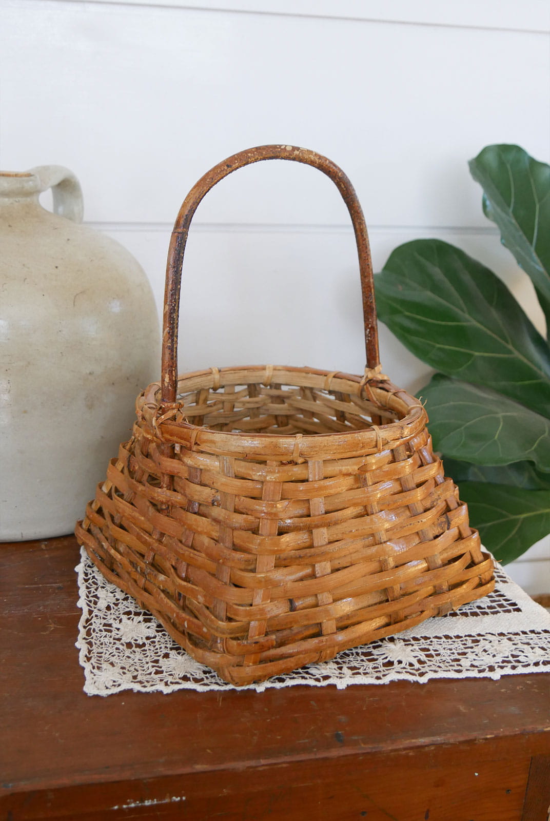 Vintage Bamboo Handle Wicker Woven Basket, Vintage Bamboo Woven Basket with Handle, Vintage Farmhouse Baskets