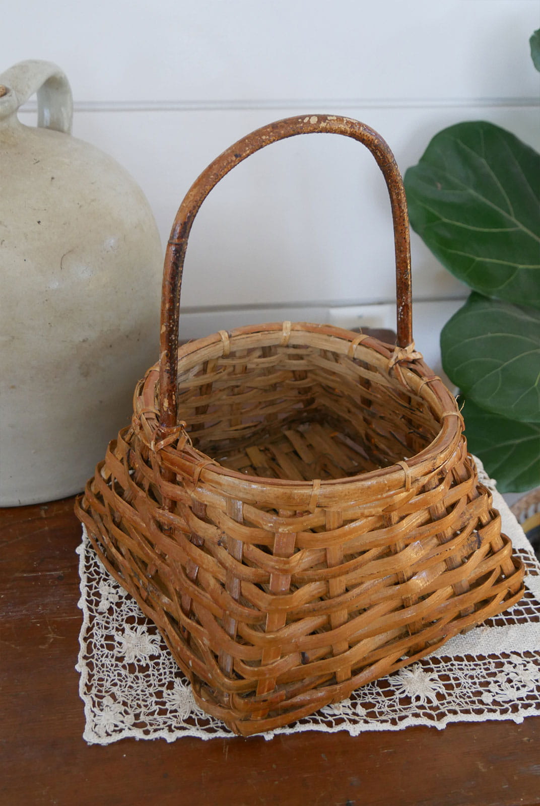 Vintage Bamboo Handle Wicker Woven Basket, Vintage Bamboo Woven Basket with Handle, Vintage Farmhouse Baskets