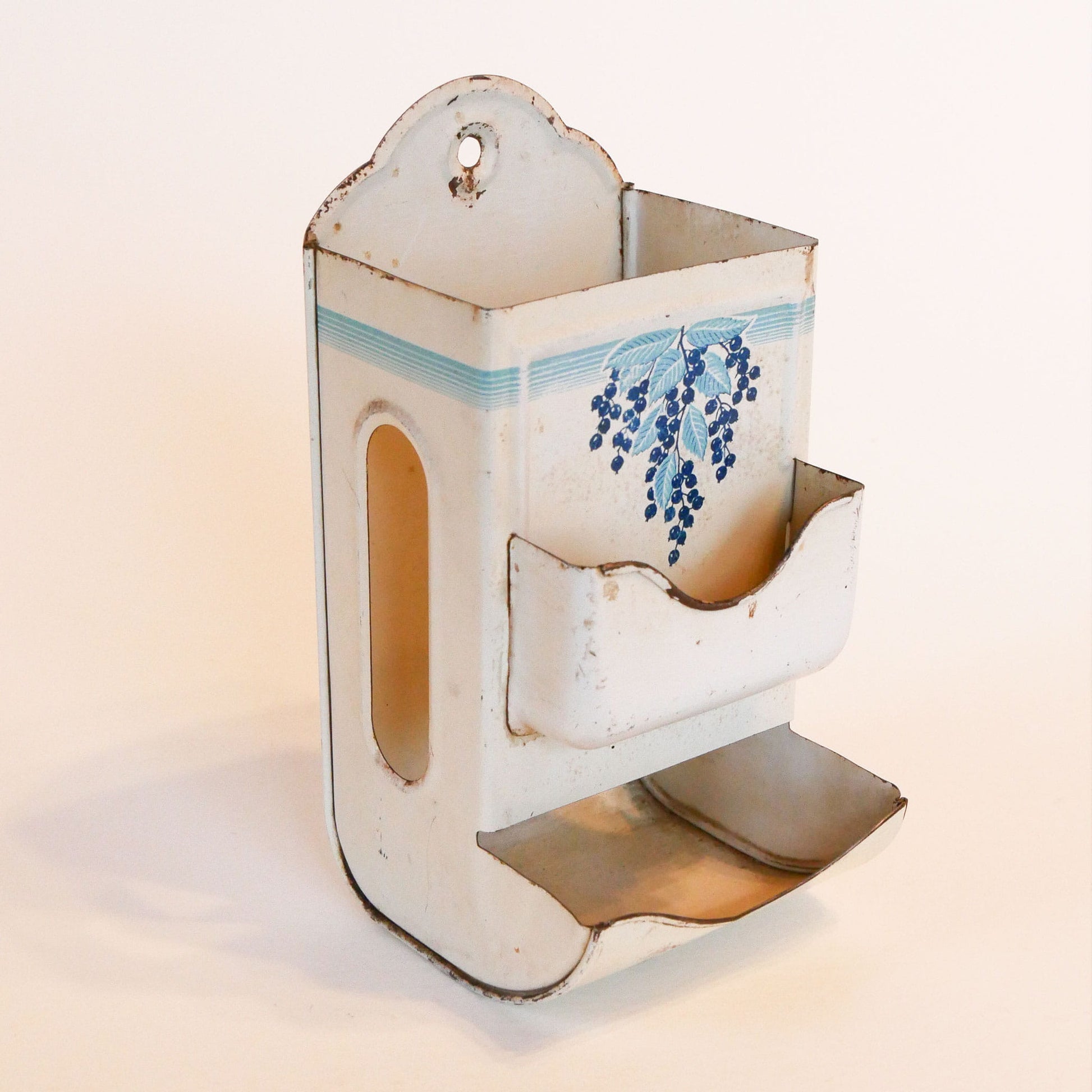 Vintage Blue Metal Wall Mounted Matchbox Holder, Blue Berries, Vintage Wall Matchbox Holder, Vintage Blue and White Matchbox Holder, Vintage Wall Mounted Matchbox Holder, Vintage Kitchen Decor