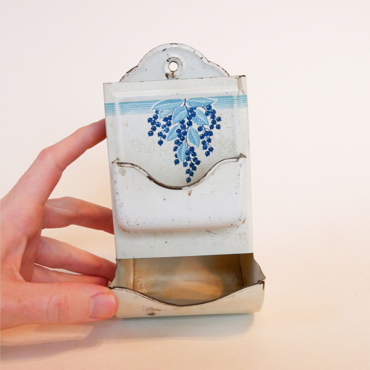 Vintage Blue Metal Wall Mounted Matchbox Holder, Blue Berries, Vintage Wall Matchbox Holder, Vintage Blue and White Matchbox Holder, Vintage Wall Mounted Matchbox Holder, Vintage Kitchen Decor