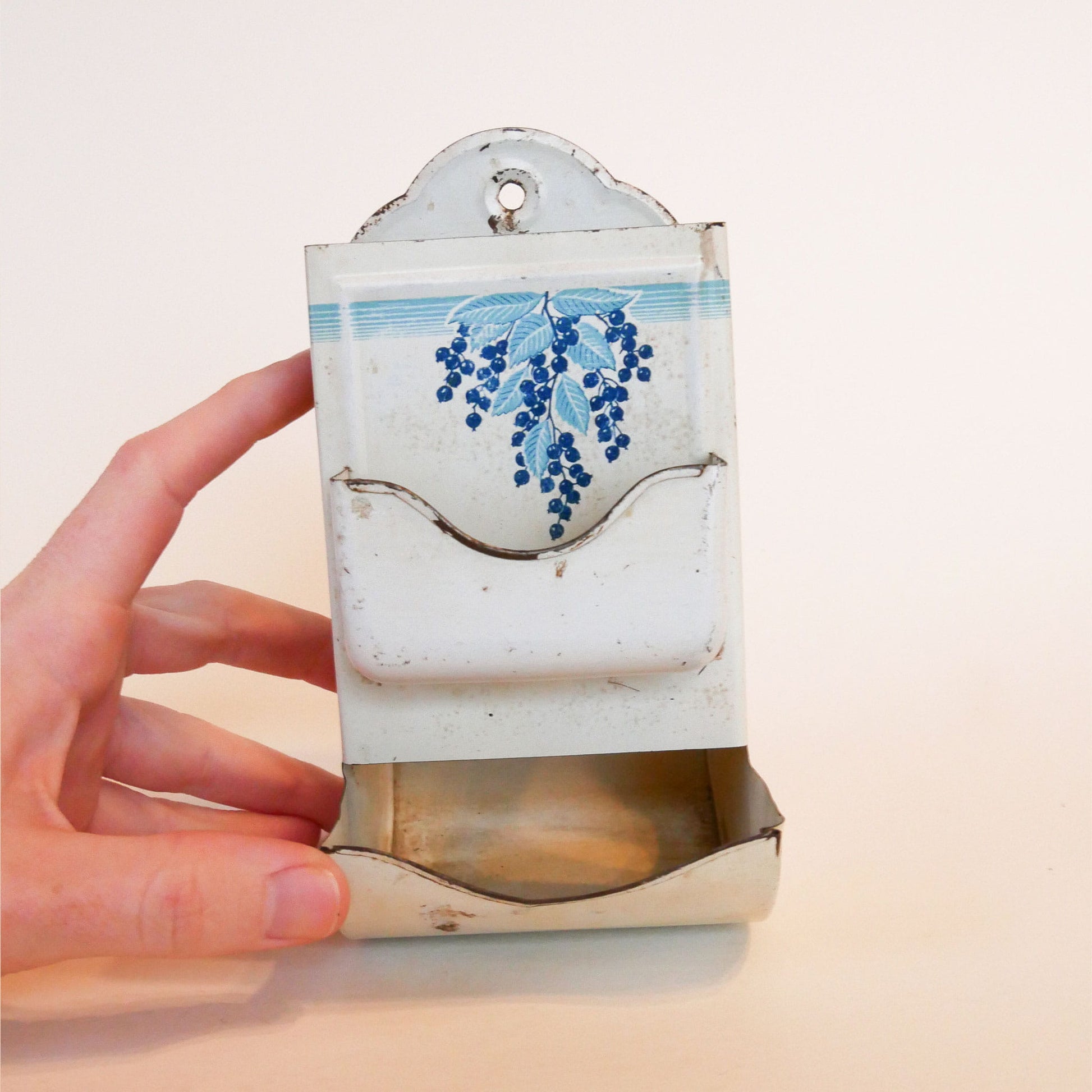Vintage Blue Metal Wall Mounted Matchbox Holder, Blue Berries, Vintage Wall Matchbox Holder, Vintage Blue and White Matchbox Holder, Vintage Wall Mounted Matchbox Holder, Vintage Kitchen Decor