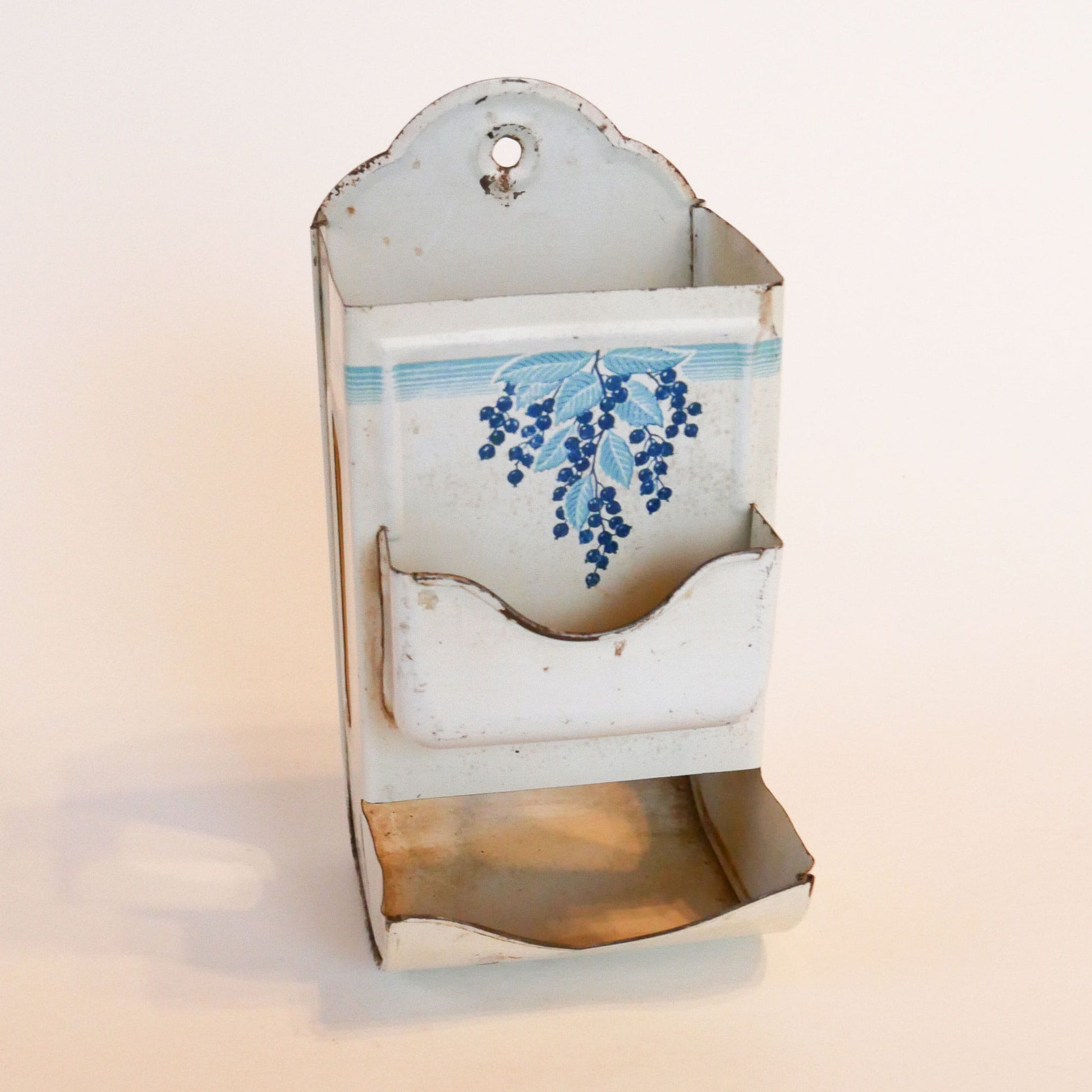 Vintage Blue Metal Wall Mounted Matchbox Holder, Blue Berries, Vintage Wall Matchbox Holder, Vintage Blue and White Matchbox Holder, Vintage Wall Mounted Matchbox Holder, Vintage Kitchen Decor