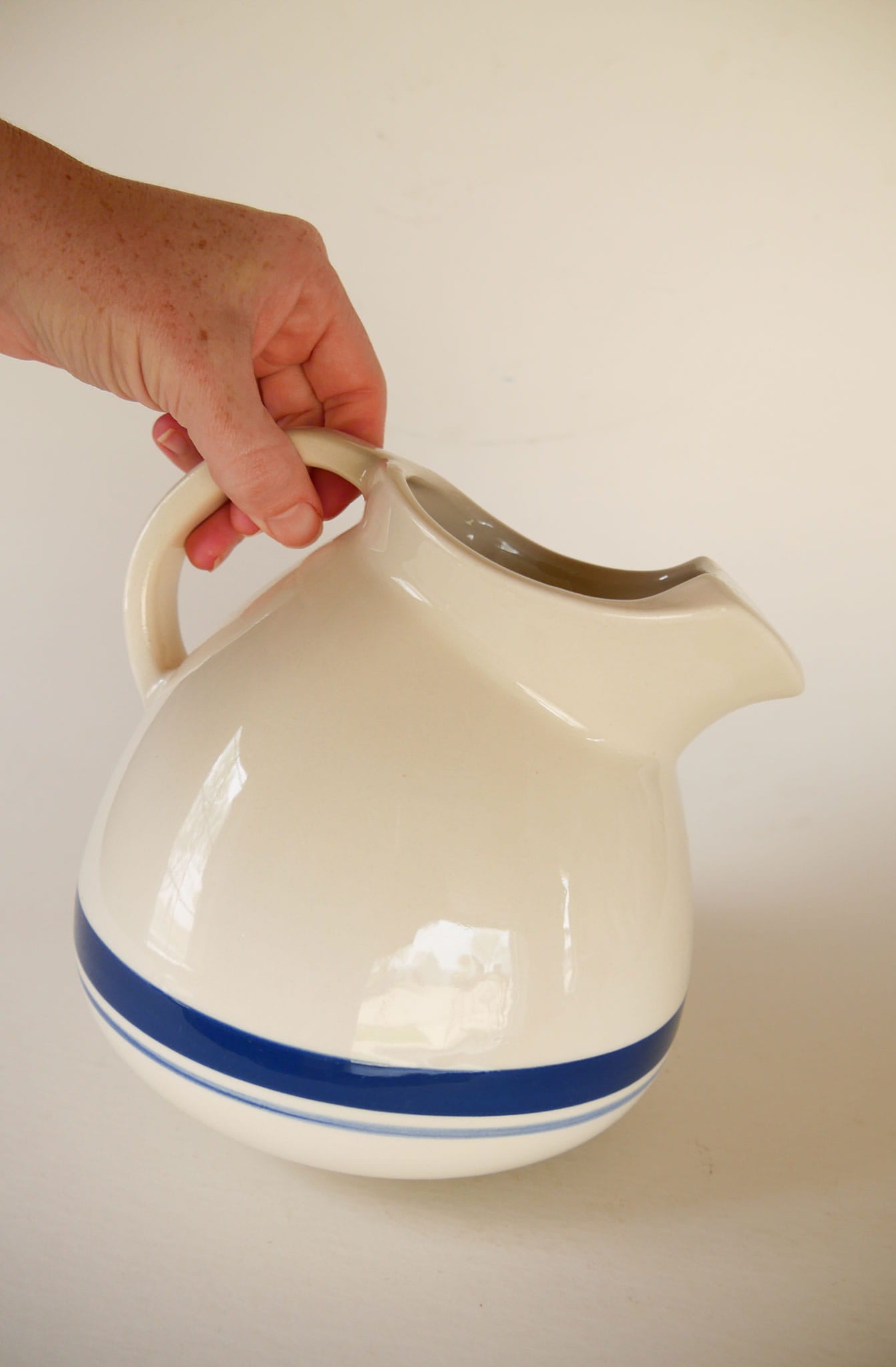 Friendship Pottery Roseville Blue Stripe Pitcher, Blue Stripe Farmhouse Pitcher, Vintage Farmhouse Pitcher, Blue Stripe Pottery Pitcher, Vintage Roseville Pitcher