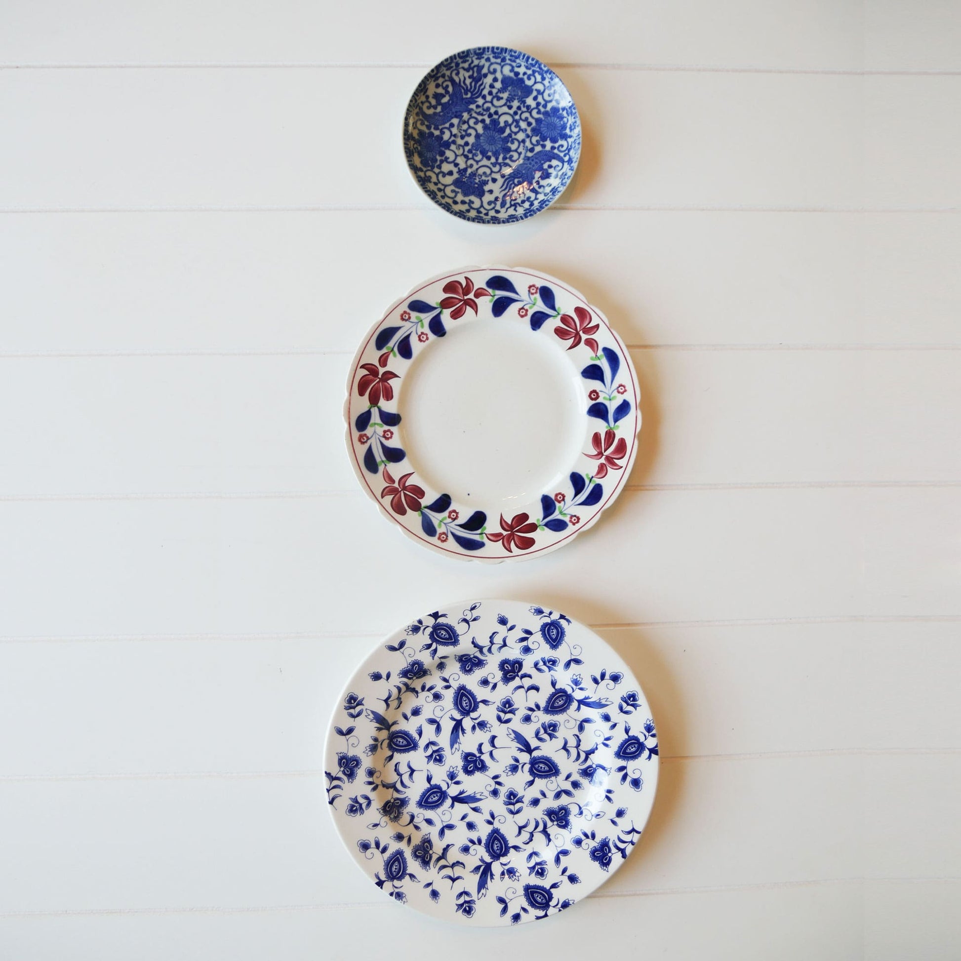 Vintage Red, White and Blue Plate Gallery Wall, 3ct. Vintage Plate Gallery Wall Antique Plate Gallery Wall Blue and Maroon Plate Gallery Wall
