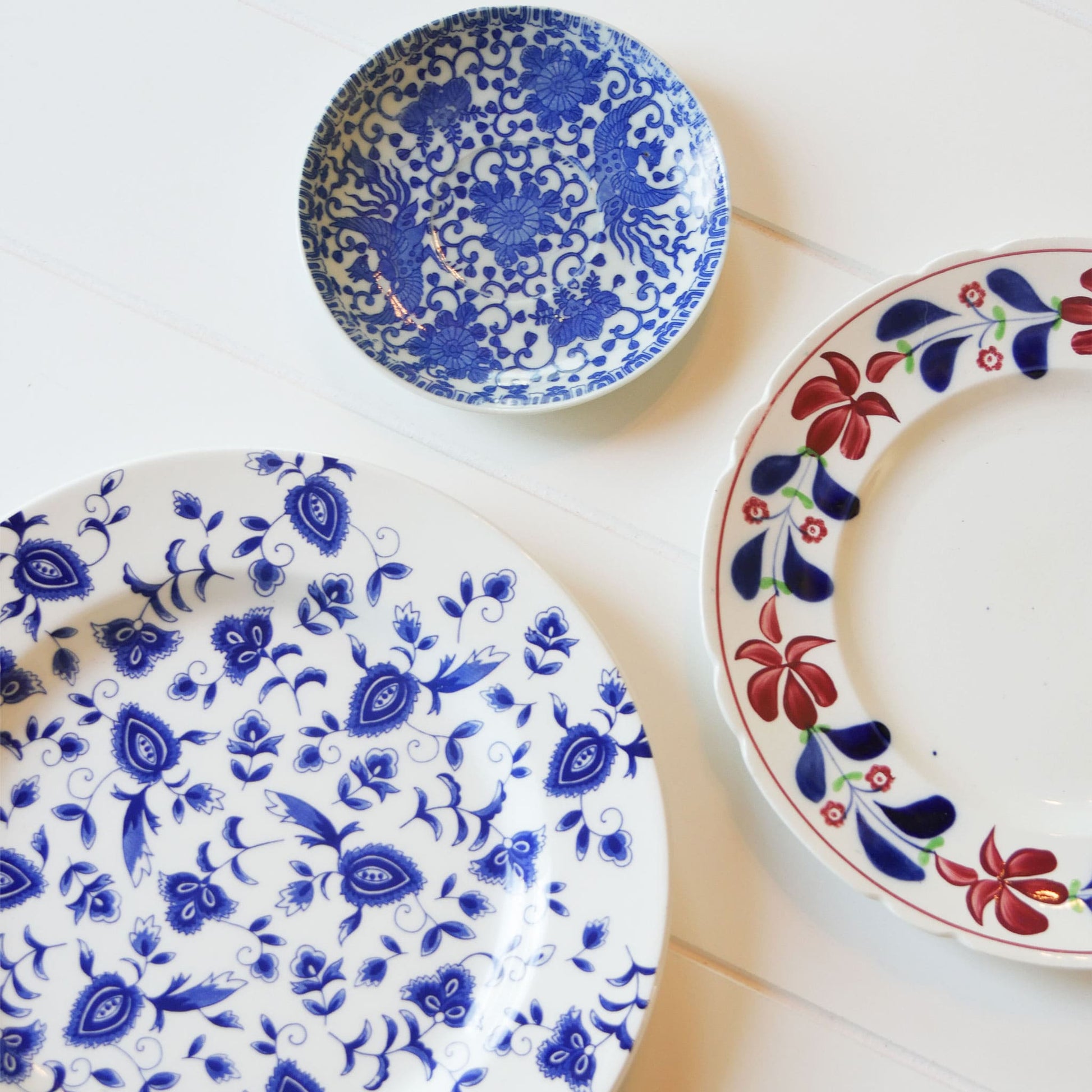 Vintage Red, White and Blue Plate Gallery Wall, 3ct. Vintage Plate Gallery Wall Antique Plate Gallery Wall Blue and Maroon Plate Gallery Wall