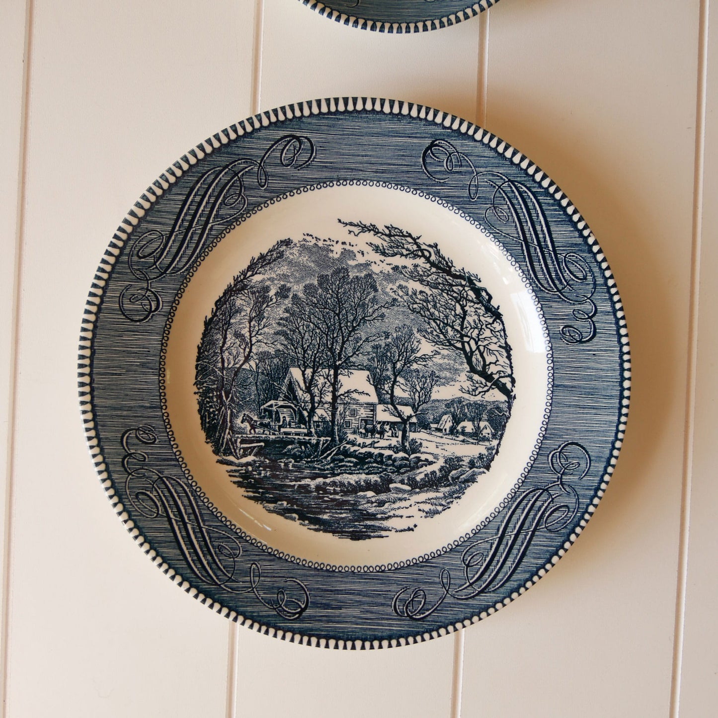 Blue and White Currier & Ives Plate Pair, Blue and White Plate Decor, Vintage Plate Wall, Vintage Currier and Ives Plates, VIntage Blue and White Plate Wall