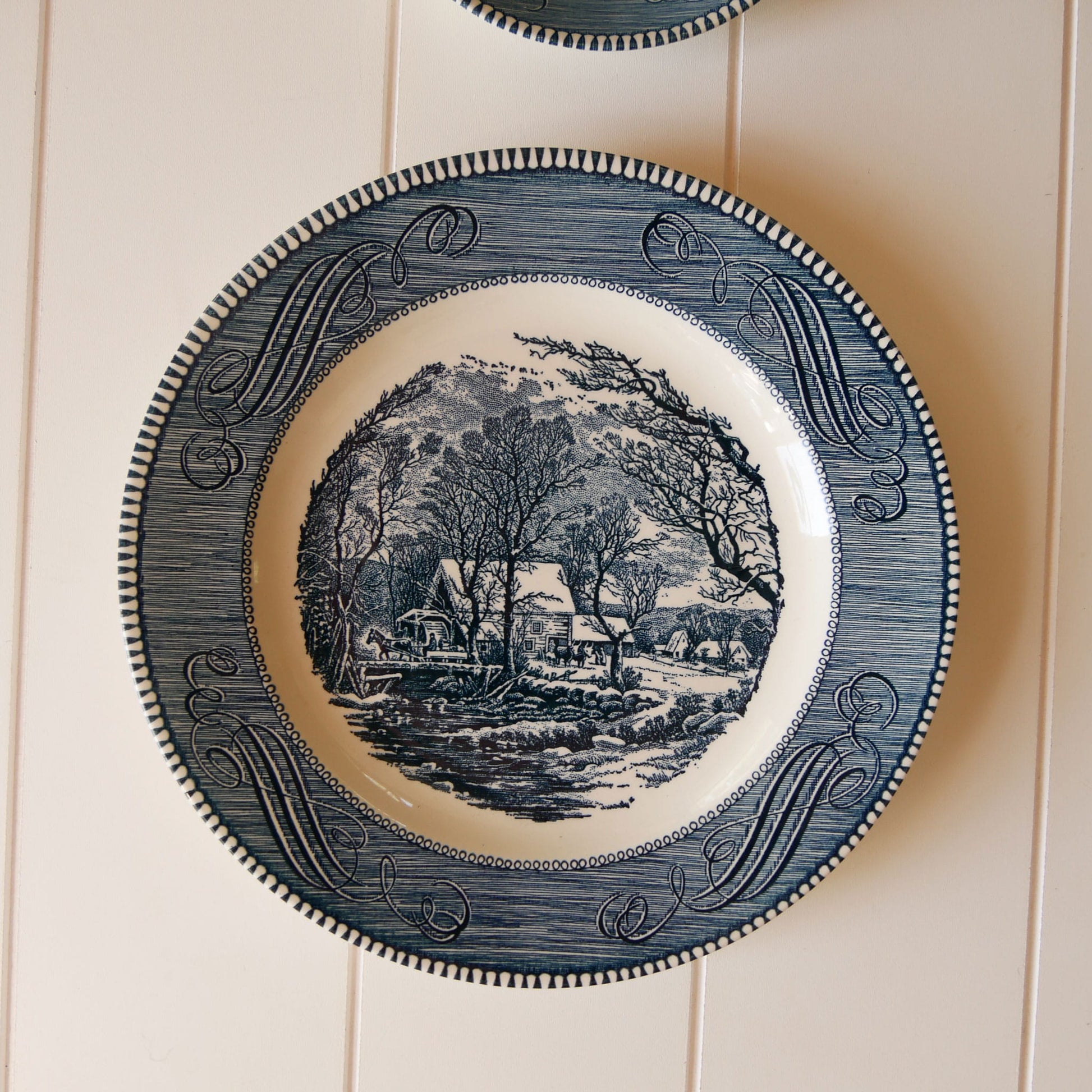 Blue and White Currier & Ives Plate Pair, Blue and White Plate Decor, Vintage Plate Wall, Vintage Currier and Ives Plates, VIntage Blue and White Plate Wall