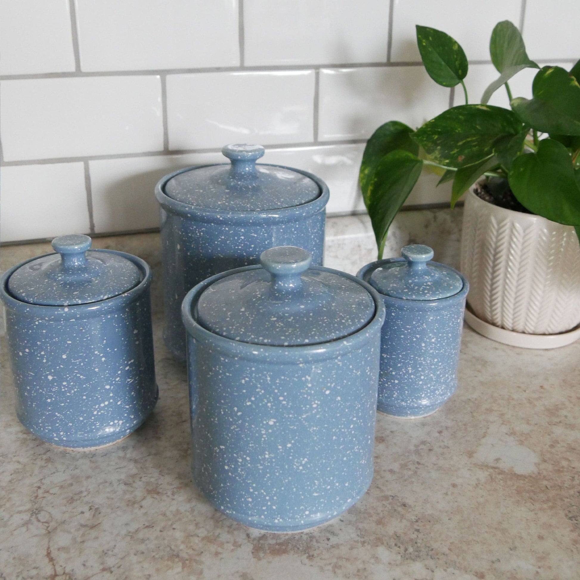 Vintage Blue and White Speckled Canister Set Vintage Farmhouse Canisters Blue White Speckled Kitchen Decor Vintage Farmhouse Kitchen Vintage Kitchen Decor