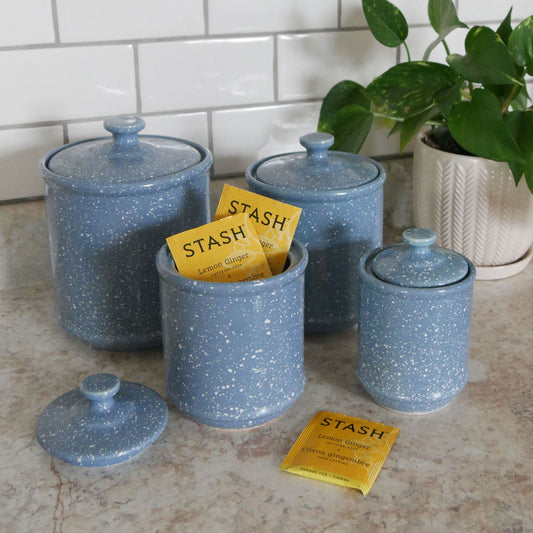 Vintage Blue and White Speckled Canister Set Vintage Farmhouse Canisters Blue White Speckled Kitchen Decor Vintage Farmhouse Kitchen Vintage Kitchen Decor