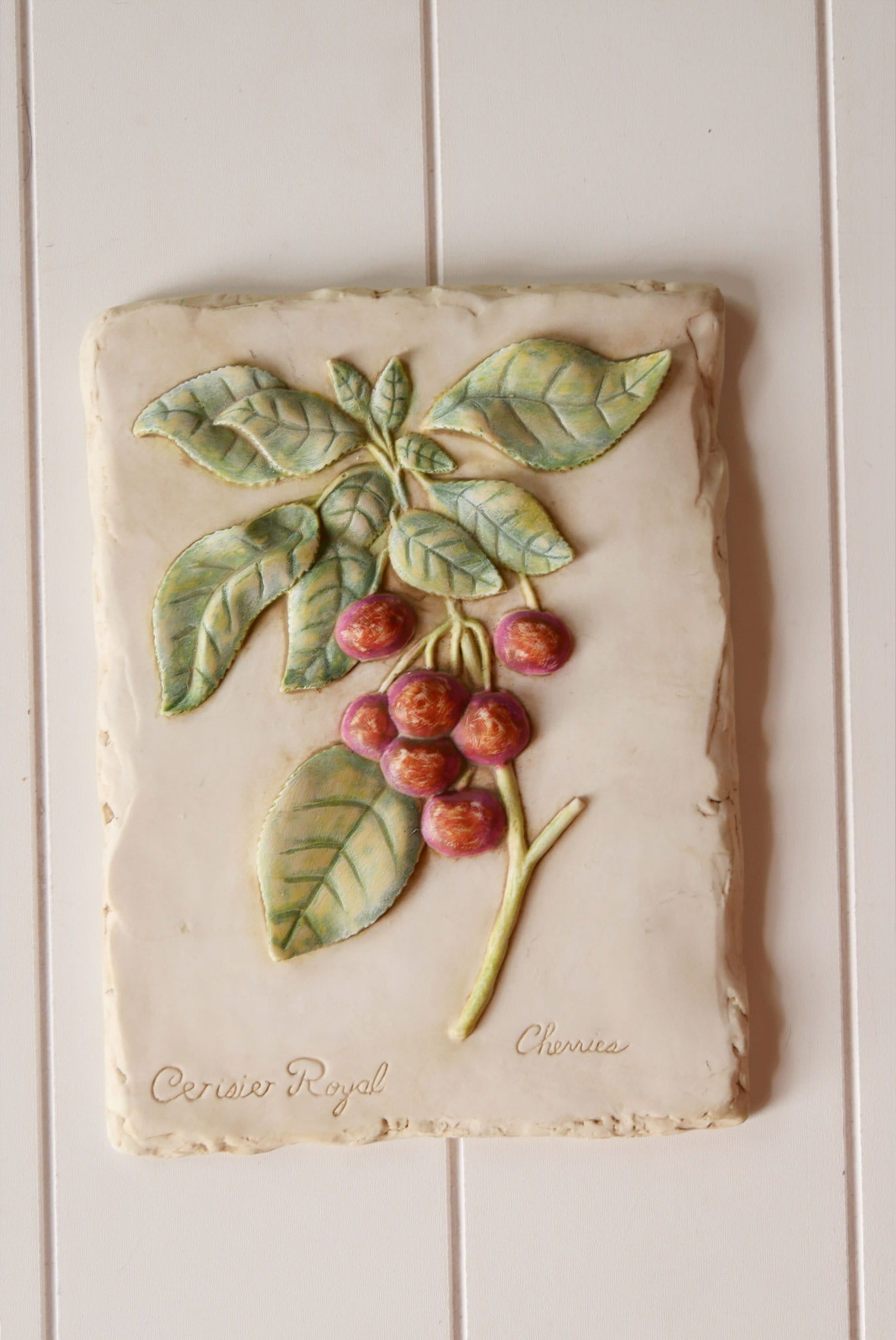 Vintage Botanical Cherry Relief Wall Plaque, French Country Fruit DEcor, Vintage Country Wall Plaque, Vintage Botanical Wall DEcor, Vintage Cherry Wall Decor, Botanical Cherry Plaque, VIntage French Country Wall Decor