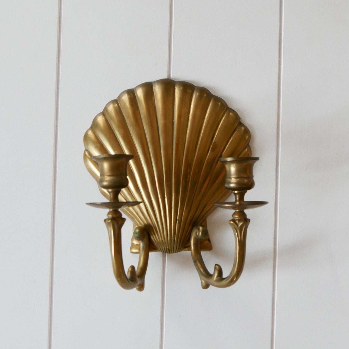 Brass Seashell Double Candlestick Wall Sconce, Brass Nautical Decor, Vintage Brass Ship Plate, Vintage Brass Ship Decor, Vintage Brass Plate, Vintage Wall Decor