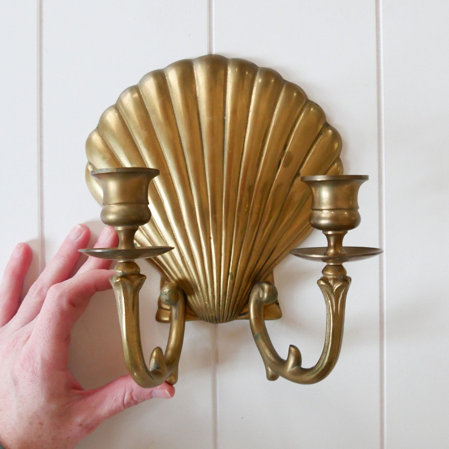 Brass Seashell Double Candlestick Wall Sconce, Brass Nautical Decor, Vintage Brass Ship Plate, Vintage Brass Ship Decor, Vintage Brass Plate, Vintage Wall Decor