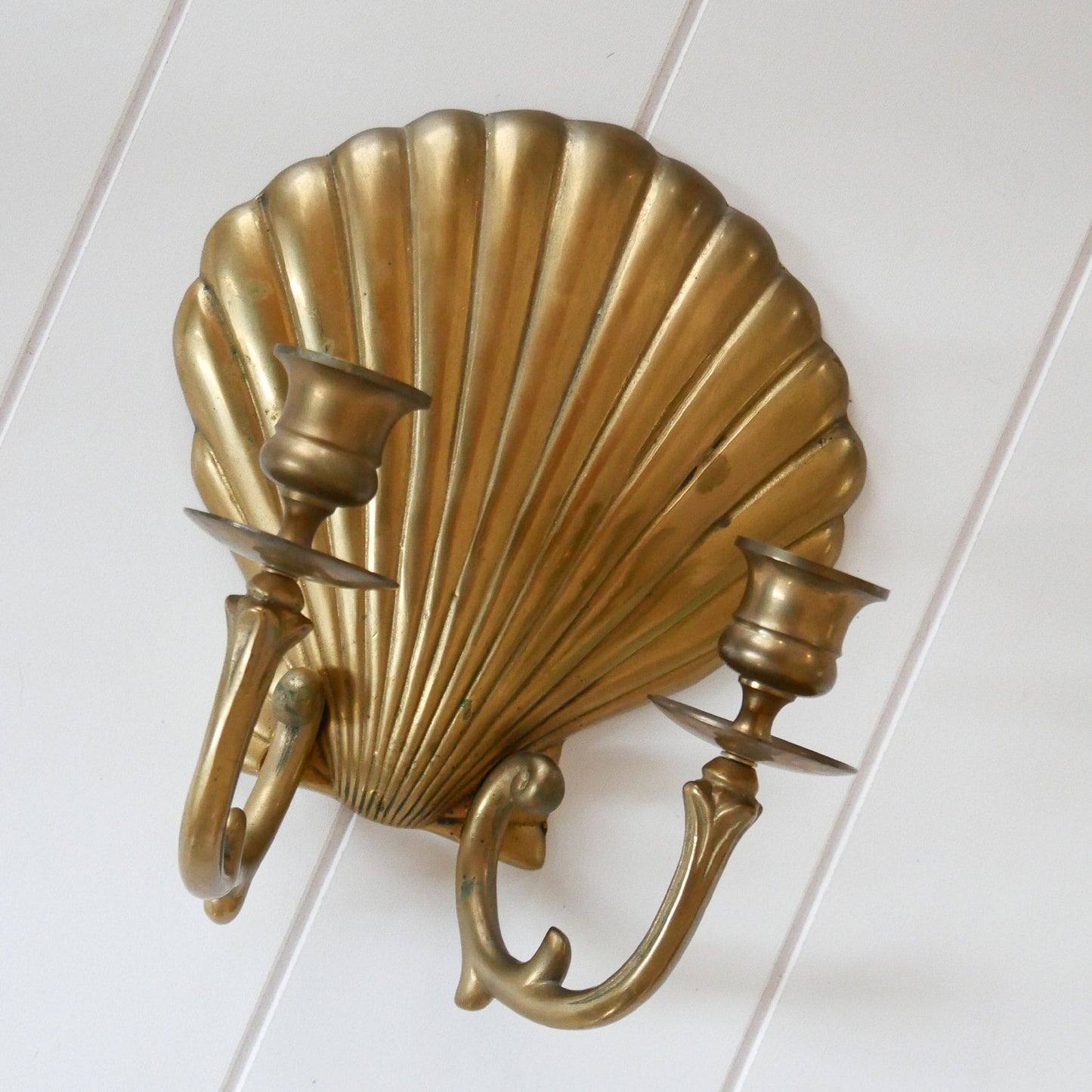 Brass Seashell Double Candlestick Wall Sconce, Brass Nautical Decor, Vintage Brass Ship Plate, Vintage Brass Ship Decor, Vintage Brass Plate, Vintage Wall Decor