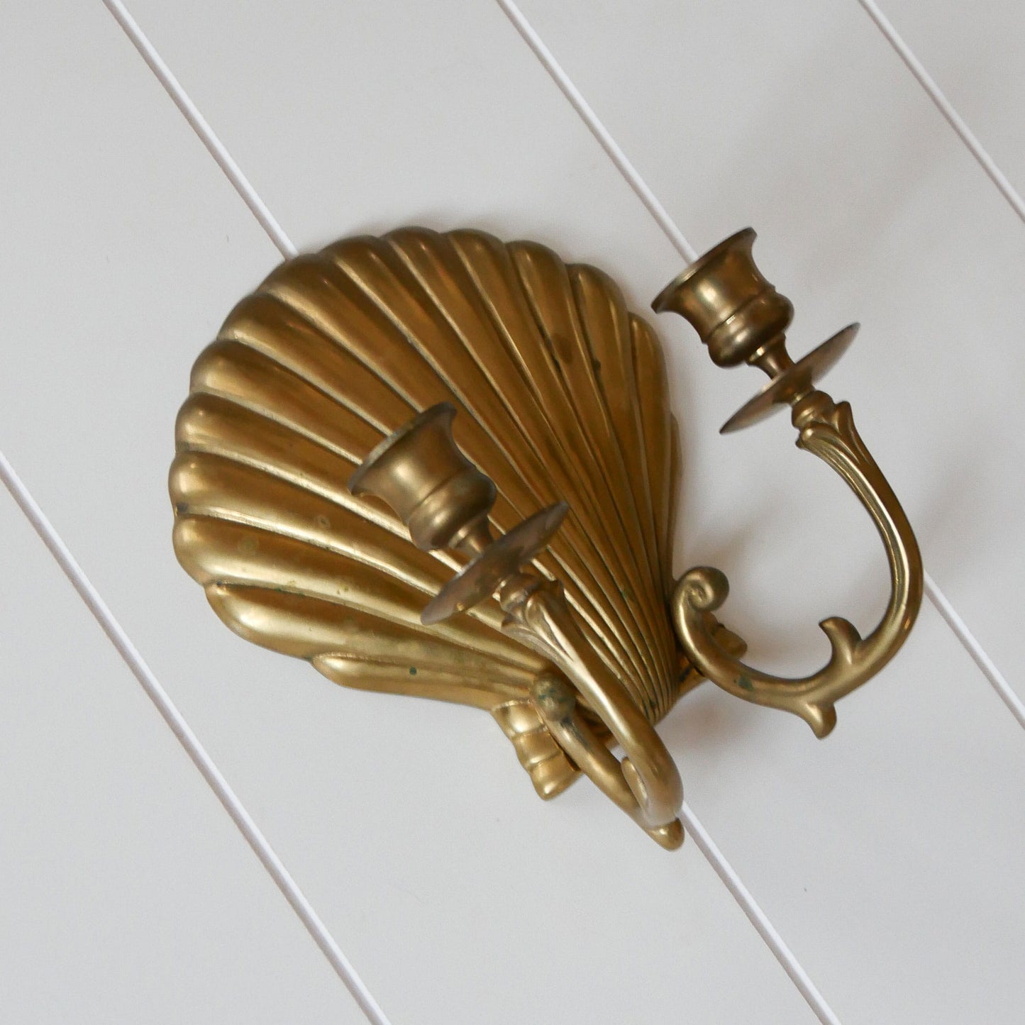 Brass Seashell Double Candlestick Wall Sconce, Brass Nautical Decor, Vintage Brass Ship Plate, Vintage Brass Ship Decor, Vintage Brass Plate, Vintage Wall Decor