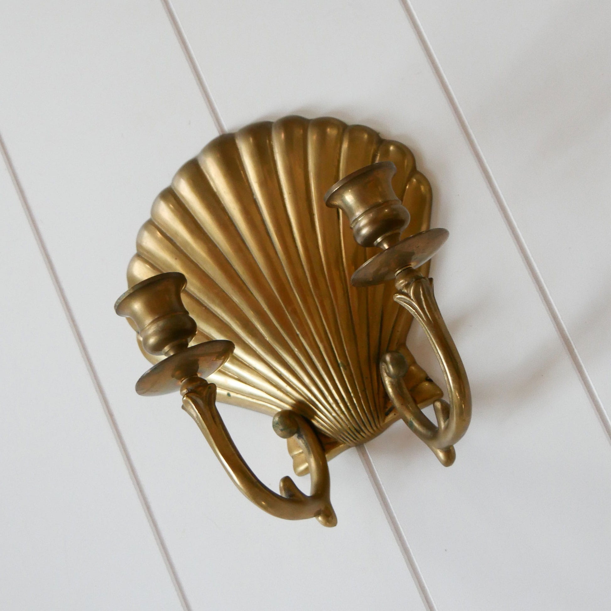 Brass Seashell Double Candlestick Wall Sconce, Brass Nautical Decor, Vintage Brass Ship Plate, Vintage Brass Ship Decor, Vintage Brass Plate, Vintage Wall Decor