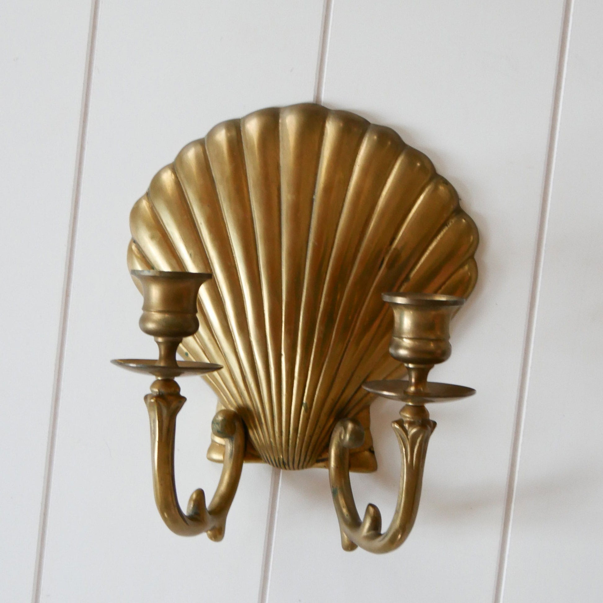 Brass Seashell Double Candlestick Wall Sconce, Brass Nautical Decor, Vintage Brass Ship Plate, Vintage Brass Ship Decor, Vintage Brass Plate, Vintage Wall Decor