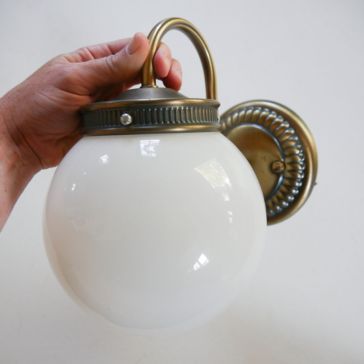 Vintage Brass Wall Sconce with Opal Glass Globe (4), Vintage Brass Wall LIghts, VIntage Brass and Globe Wall Lights, VIntage Brass Wall Sconce LIghts