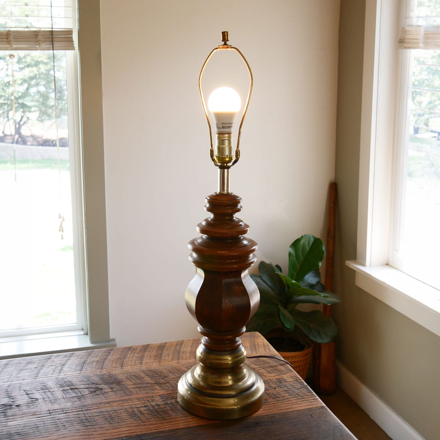 Vintage Wood Turned Table Lamp, Vintage Brass and Wood Table Lamp, Vintage Primitive Wood Table Lamp, Vintage Farmhouse Wood Table Lamp, Vintage Wood and Brass Lamp