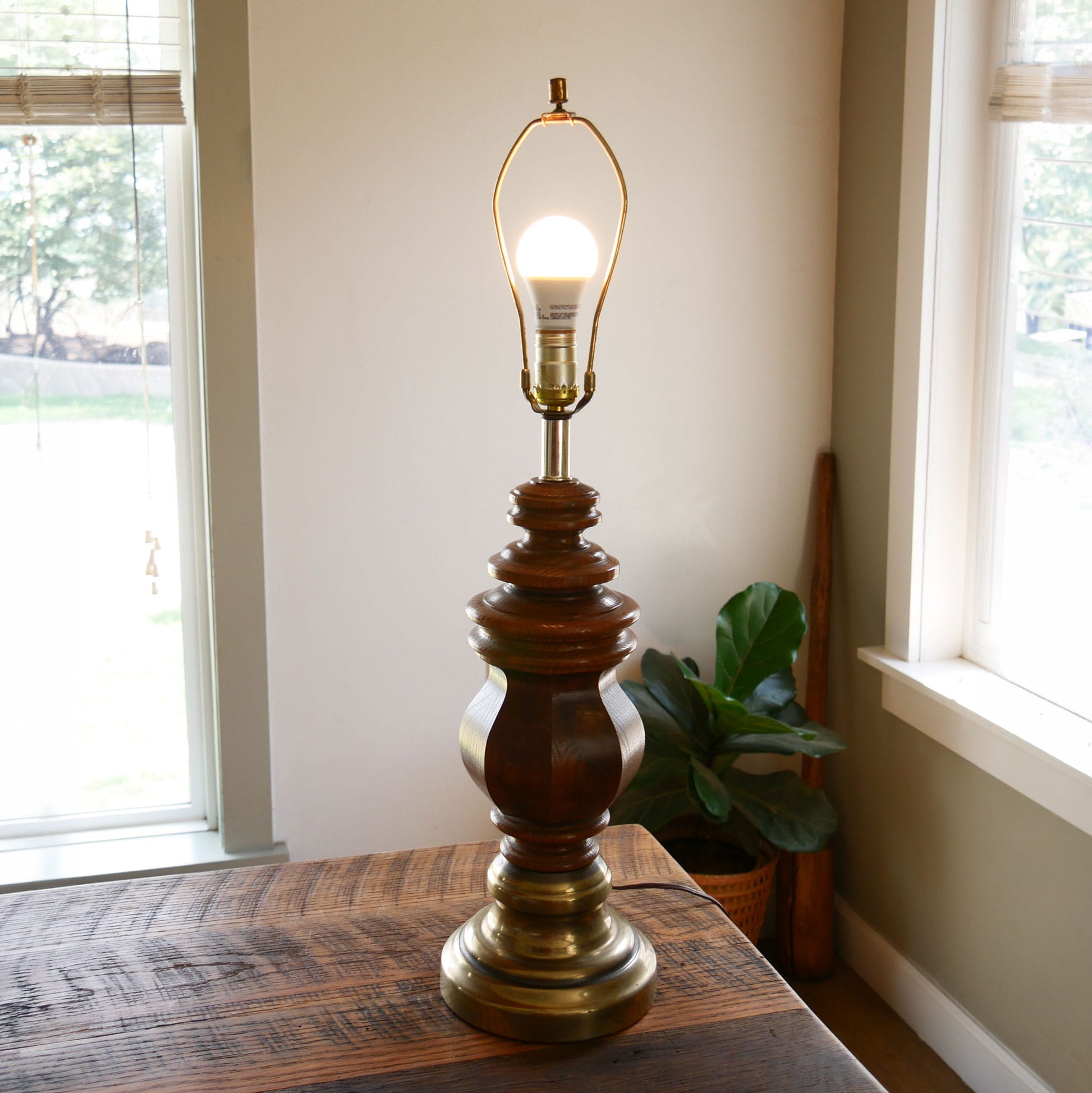 Vintage Wood Turned Table Lamp, Vintage Brass and Wood Table Lamp, Vintage Primitive Wood Table Lamp, Vintage Farmhouse Wood Table Lamp, Vintage Wood and Brass Lamp