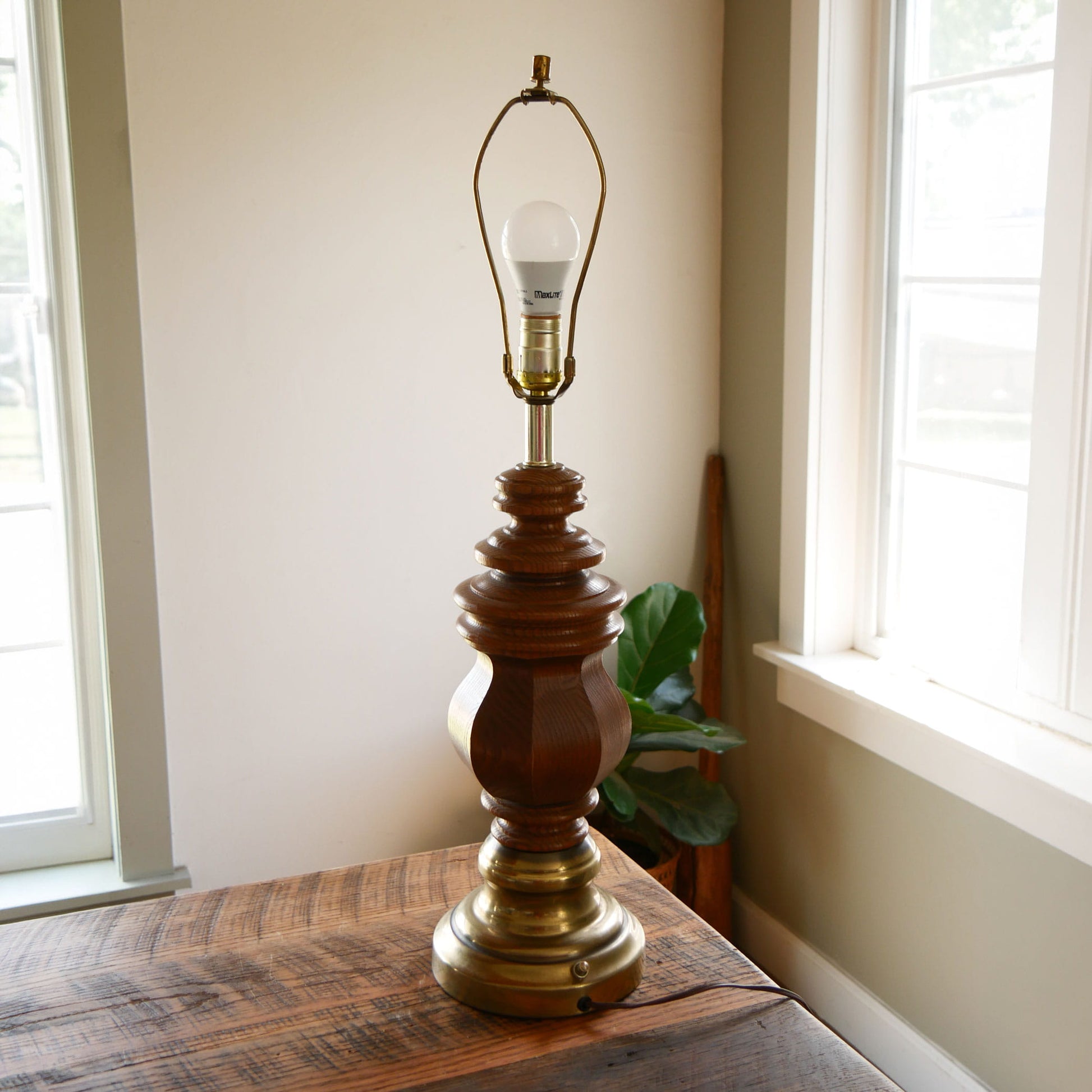 Vintage Wood Turned Table Lamp, Vintage Brass and Wood Table Lamp, Vintage Primitive Wood Table Lamp, Vintage Farmhouse Wood Table Lamp, Vintage Wood and Brass Lamp