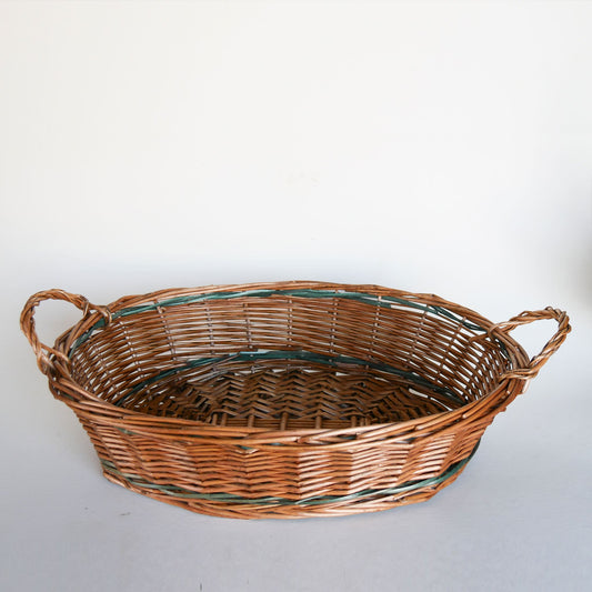 Vintage Rattan Wicker Basket Tray with Green Stripe, Vintage Wicker Basket Tray with Handles