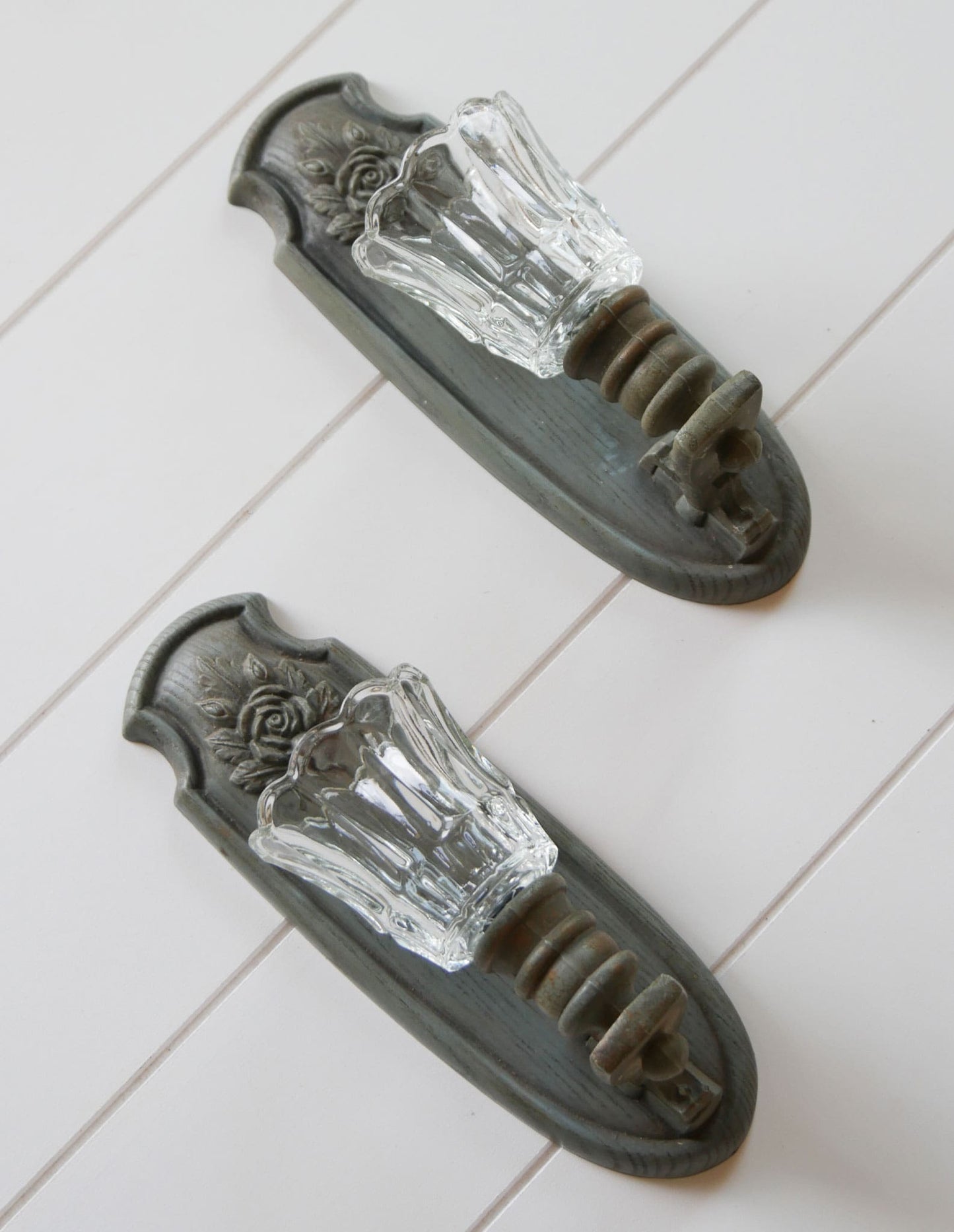 Vintage Burwood Green Rose Candleholder Wall Sconce, Vitnage Rose Wall Sconces, Pair Vintage Burwood Grey Green Rose Wall Candleholders