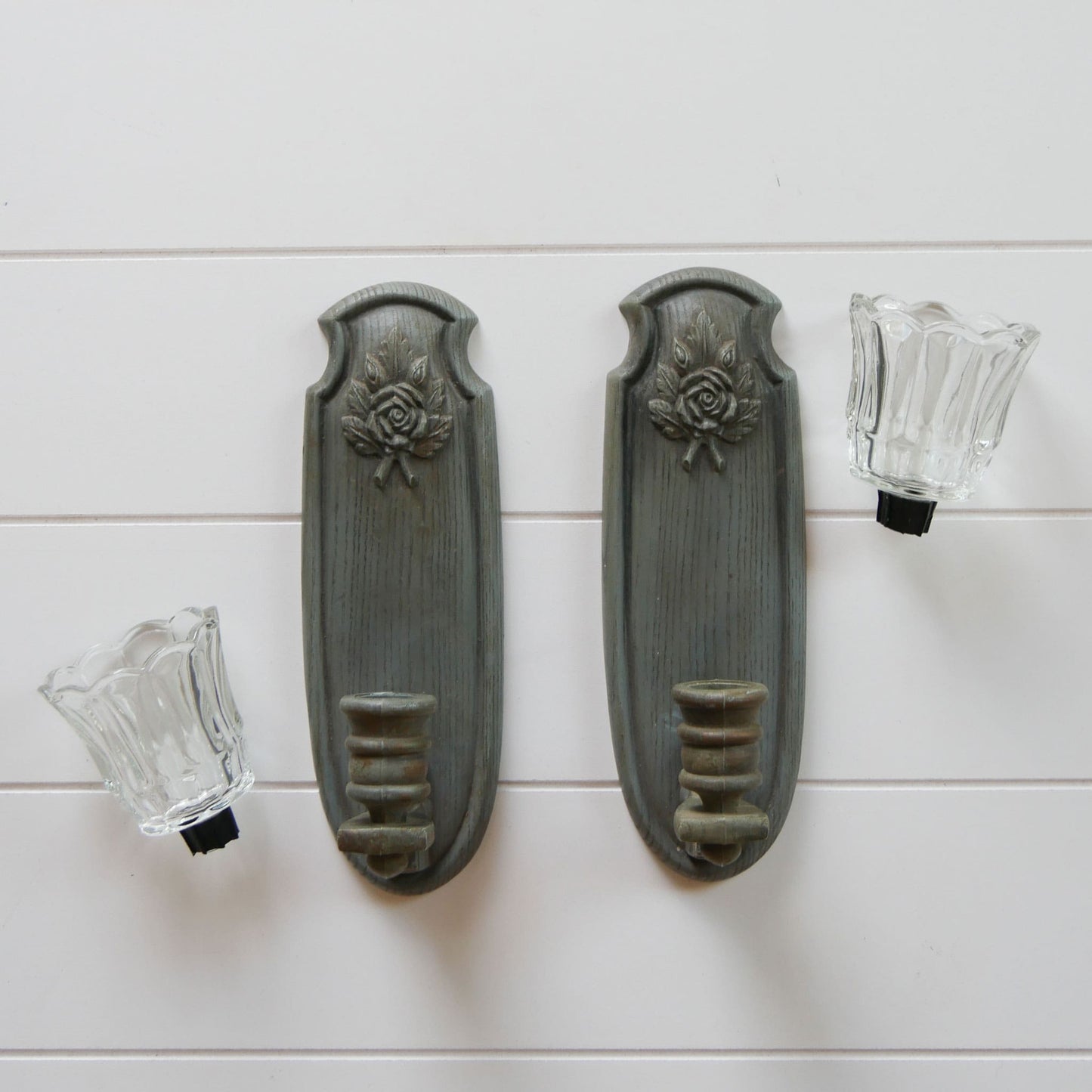 Vintage Burwood Green Rose Candleholder Wall Sconce, Vitnage Rose Wall Sconces, Pair Vintage Burwood Grey Green Rose Wall Candleholders