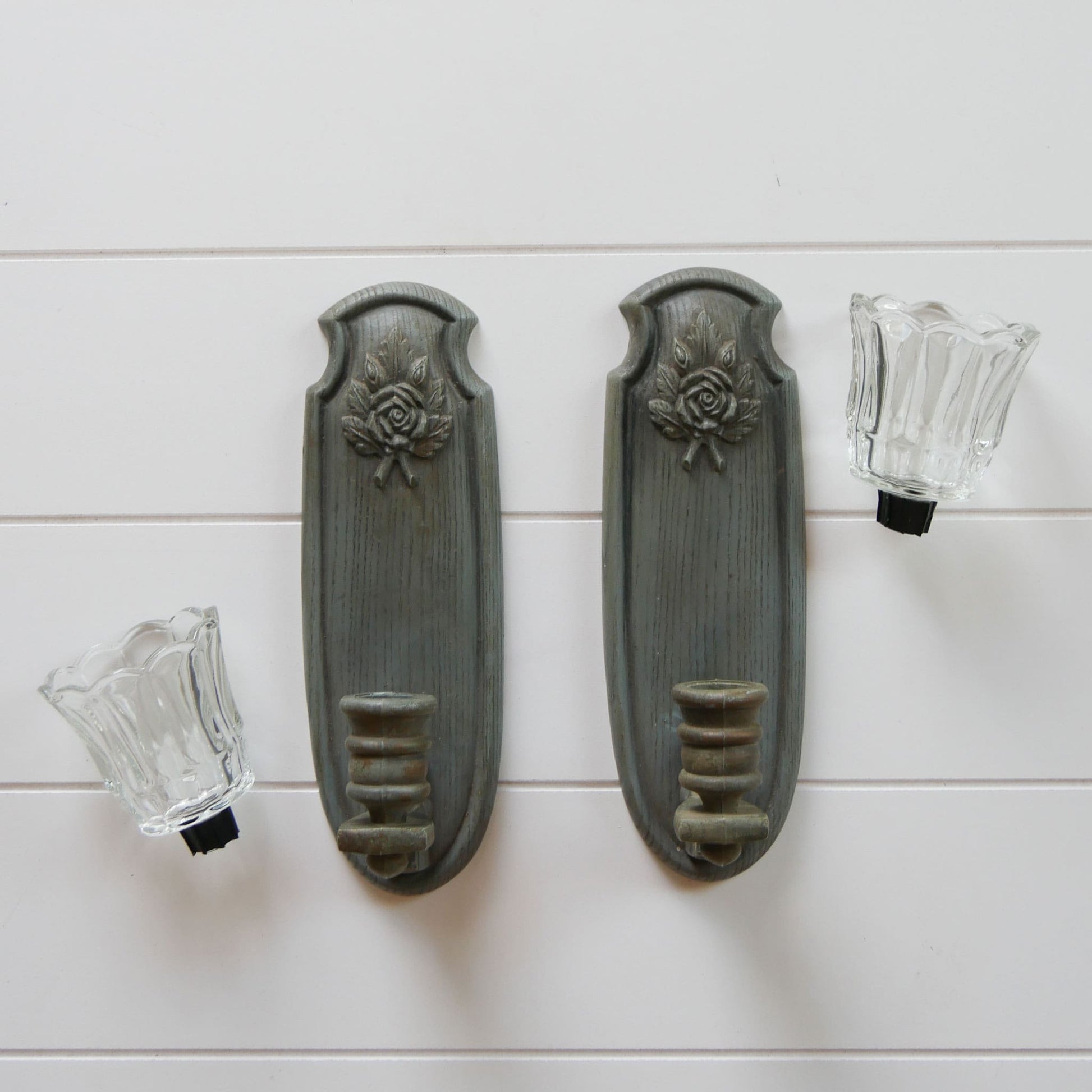 Vintage Burwood Green Rose Candleholder Wall Sconce, Vitnage Rose Wall Sconces, Pair Vintage Burwood Grey Green Rose Wall Candleholders