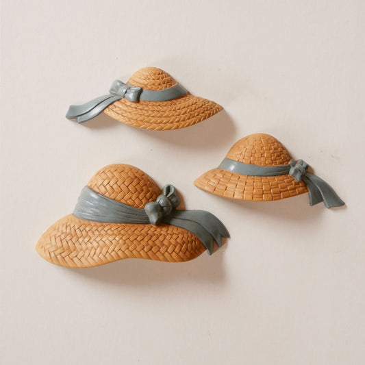 Vintage Burwood Wicker Hat with Blue Bow Plastic Wall Decor, Set of 3, Vintage Burwood Wicker Hat Wall Decor, Vintage Cottagecore Charm