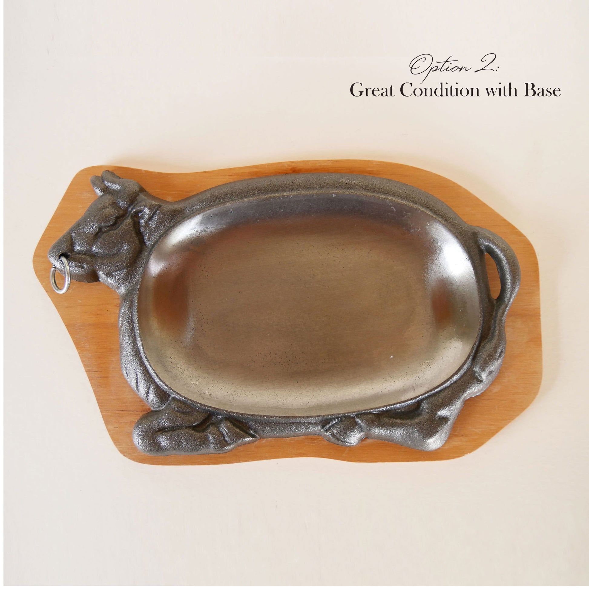 Cast Iron Bull Steak Plate with Wood Base, Vintage Western Cookware, Vintage Steak Plates, Vintage Bull Shaped Iron Plate, Bull Hot Plate, Vintage Bull Plate, VIntage Cast Iron Bull Plate