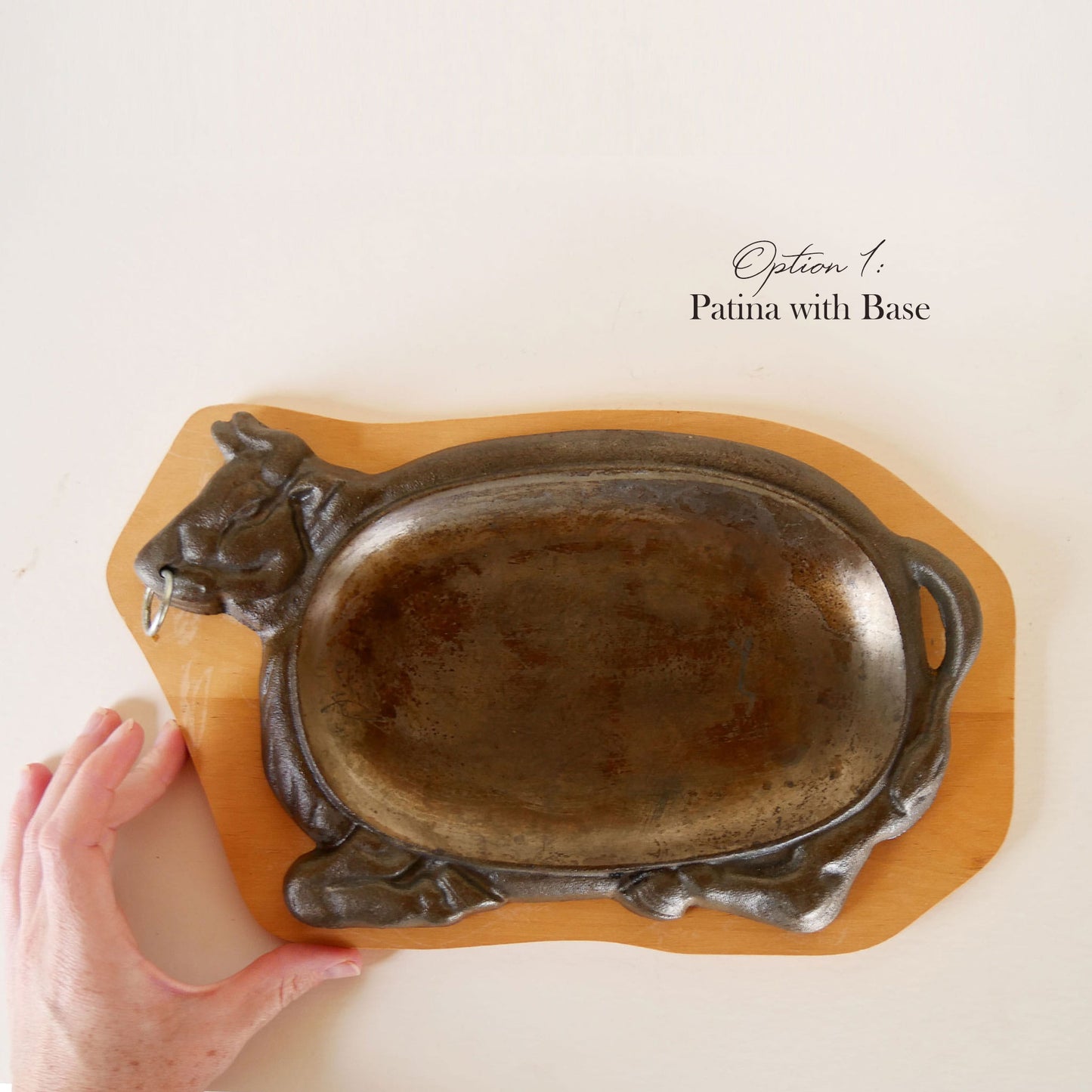 Cast Iron Bull Steak Plate with Wood Base, Vintage Western Cookware, Vintage Steak Plates, Vintage Bull Shaped Iron Plate, Bull Hot Plate, Vintage Bull Plate, VIntage Cast Iron Bull Plate
