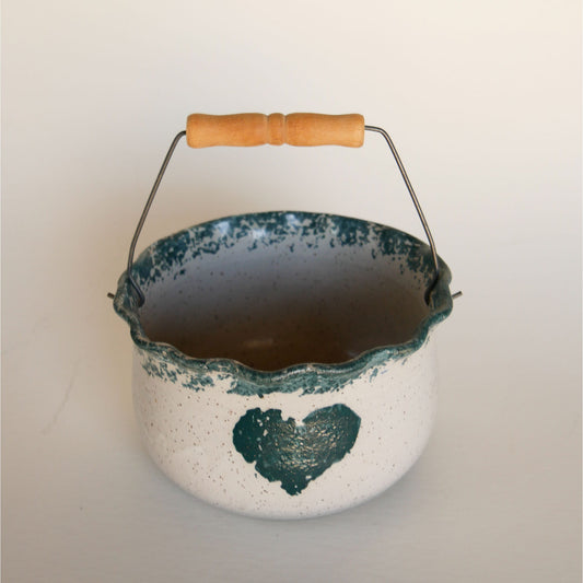Vintage Blue Heart Ceramic Bowl with Handle, Farmhouse Pottery, Vintage Ceramic Heart Pottery, Vintage Heart Ceramic Basket, Vintage Blue Heart Pottery, Vintage Cottagecore Pottery, Vintage Farmhouse Cottage Pottery