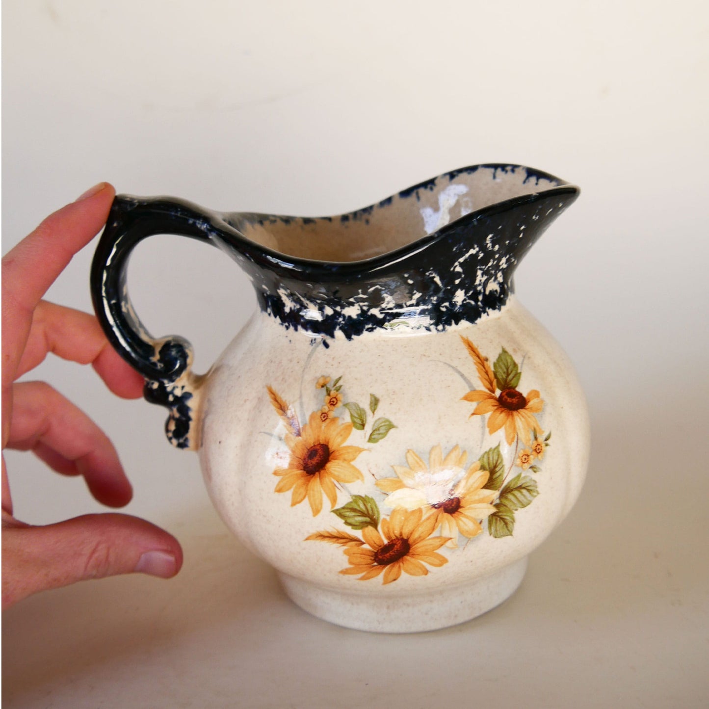 Vintage Sunflower Pitcher, Country Kitchen Decor, Sunflower Stoneware, Vintage Yellow Flower Pitcher, Vintage Mini Sunflower Pitcher, Vintage Flower Pitcher, Vintage COuntry Kitchen Stoneware