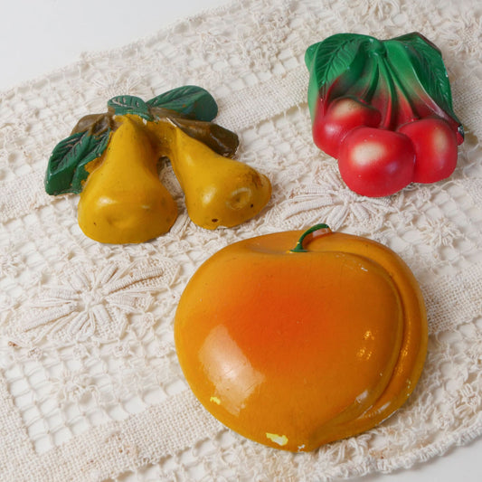 Vintage Chalk Fruit Wall Decor, Peach, Pear and Cherries, Vintage Fruit Wall Decor, Ceramic Wall Fruit, Farmhouse Kitchen Decor, Vintage Farmhouse Wall Decor