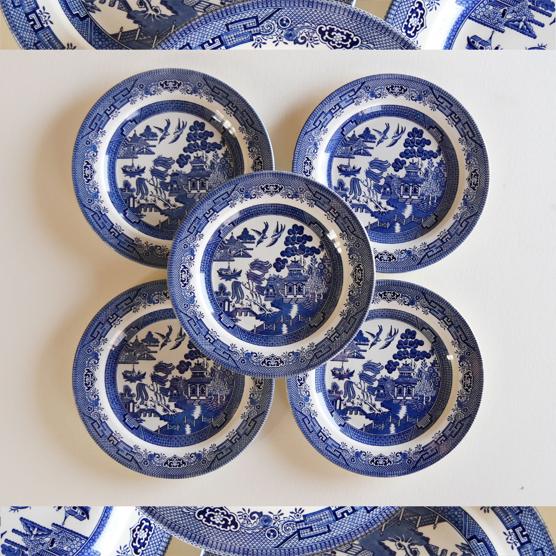 Vintage Churchill Blue Willow Dinner Plates, Set of 5, Vintage Blue and White Plate Set, Vintage Blue and White Collection, Decorative Blue and White Plates, Vintage Blue and White Plate Wall, Vintage Gallery Plate Wall, Vintage Wall Decor