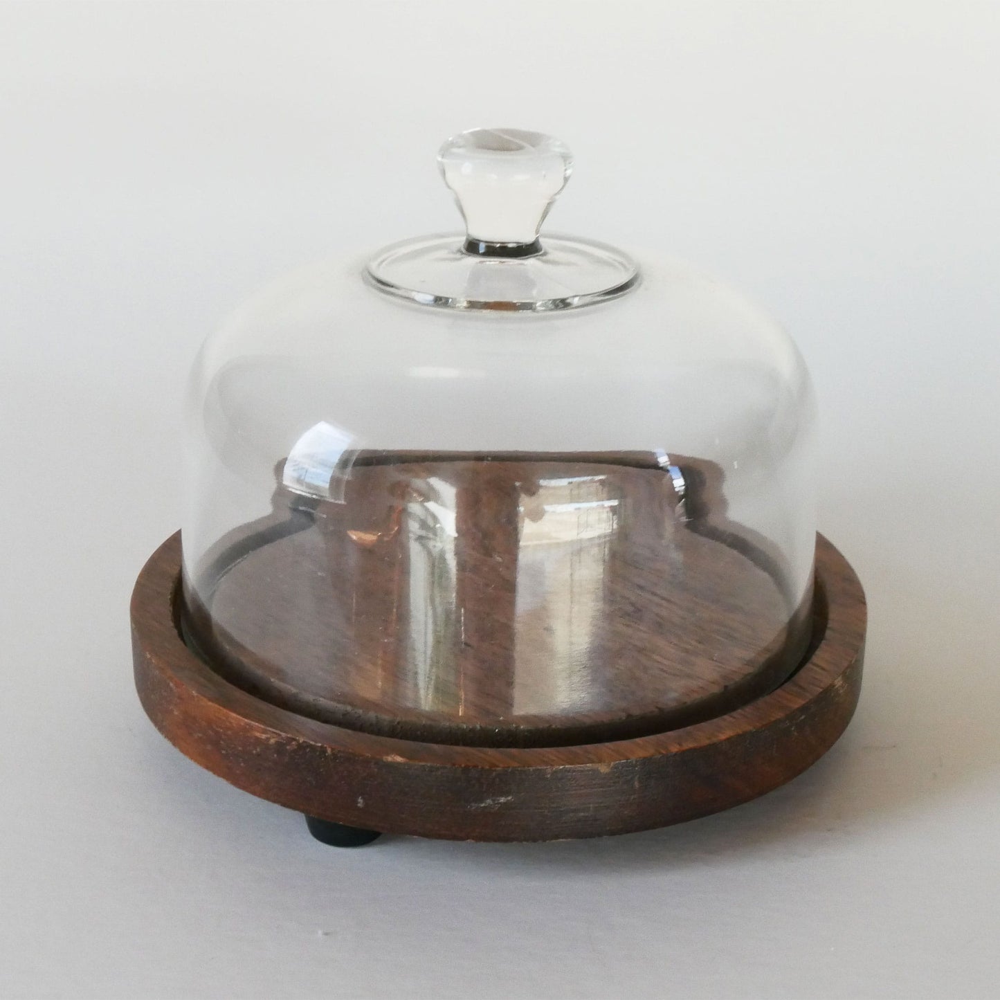 Vintage Wood 6in Cheese Board with Glass Cloche, Small Vintage Cloche, Small Wood Cloche, Wood and Glass Cloche, Vintage Kitchen Decor, Vintage Cottage Kitchen Decor, Vintage COttagecore Kitchen Decor, Vintage Wood Cheeseboard