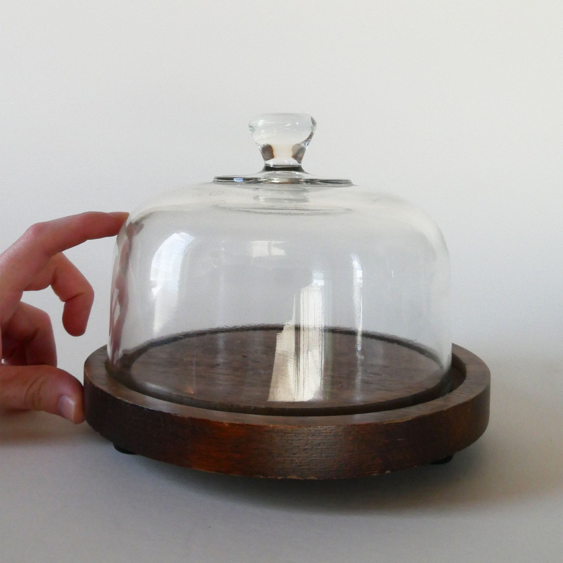 Vintage Wood 6in Cheese Board with Glass Cloche, Small Vintage Cloche, Small Wood Cloche, Wood and Glass Cloche, Vintage Kitchen Decor, Vintage Cottage Kitchen Decor, Vintage COttagecore Kitchen Decor, Vintage Wood Cheeseboard