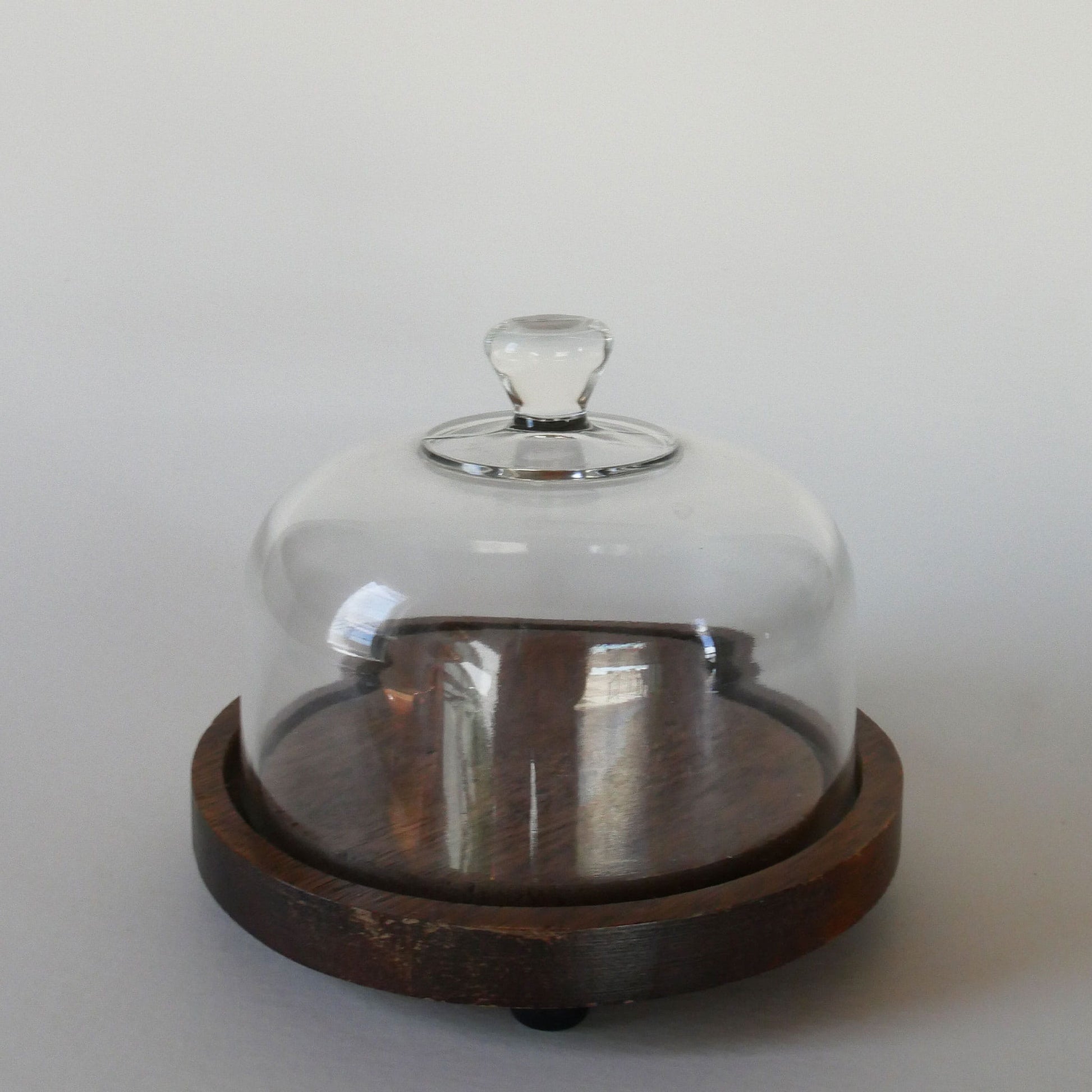 Vintage Wood 6in Cheese Board with Glass Cloche, Small Vintage Cloche, Small Wood Cloche, Wood and Glass Cloche, Vintage Kitchen Decor, Vintage Cottage Kitchen Decor, Vintage COttagecore Kitchen Decor, Vintage Wood Cheeseboard