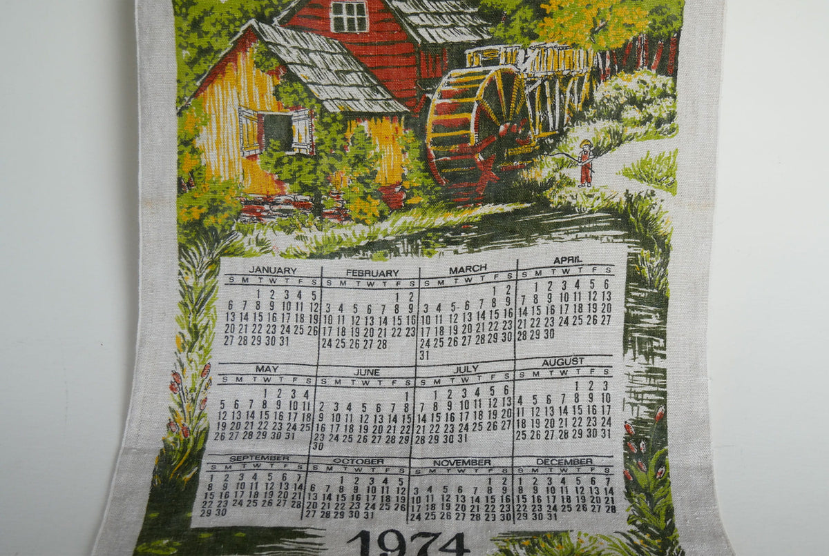 Vintage 1974 Scenic Linen Calendar Tea Towel, Vintage Farmhouse Kitchen, Farmhouse Kitchen Hand Towels, Vintage Calendar, Vintage 1974 Calendar, Vintage 1970s Towel
