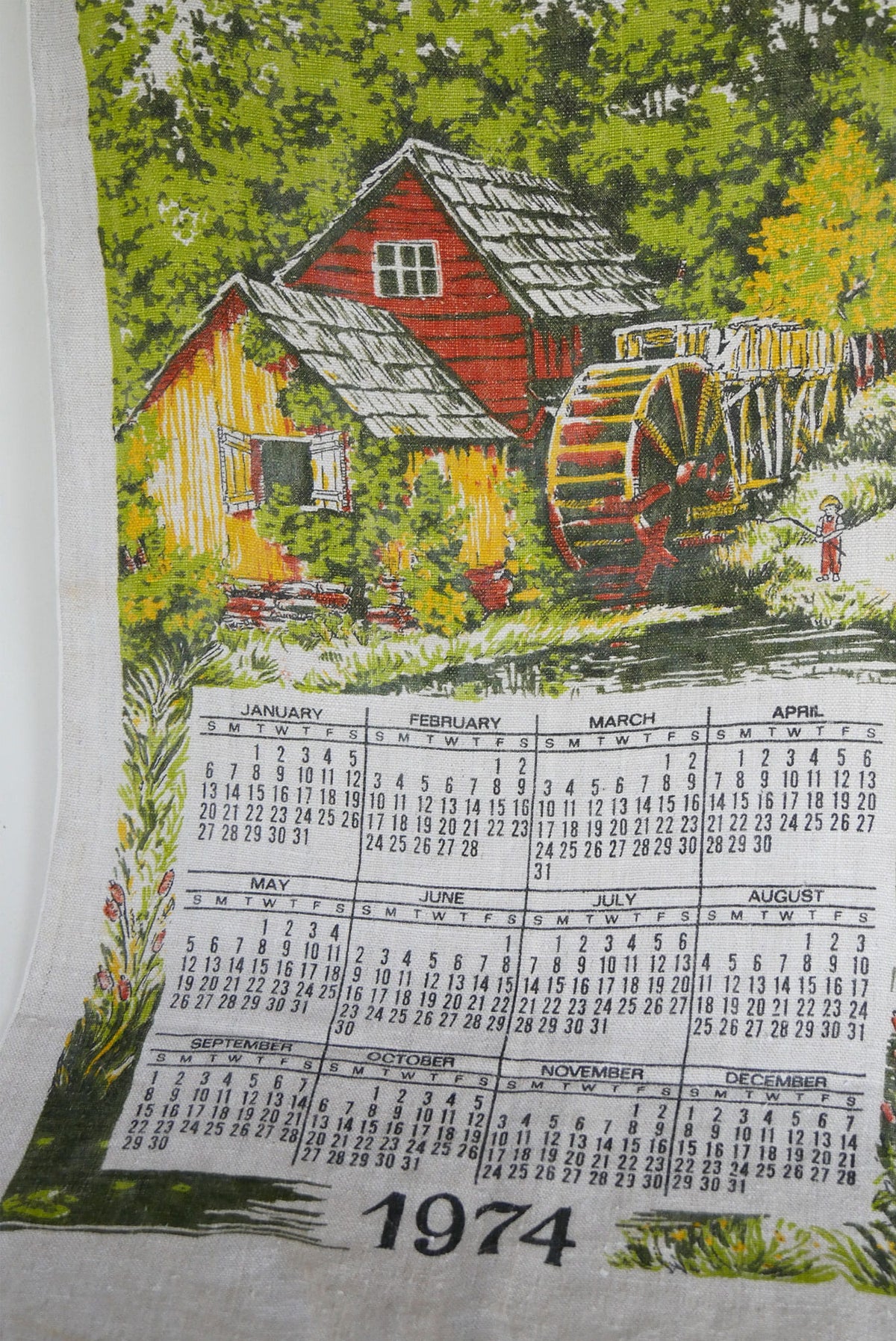 Vintage 1974 Scenic Linen Calendar Tea Towel, Vintage Farmhouse Kitchen, Farmhouse Kitchen Hand Towels, Vintage Calendar, Vintage 1974 Calendar, Vintage 1970s Towel