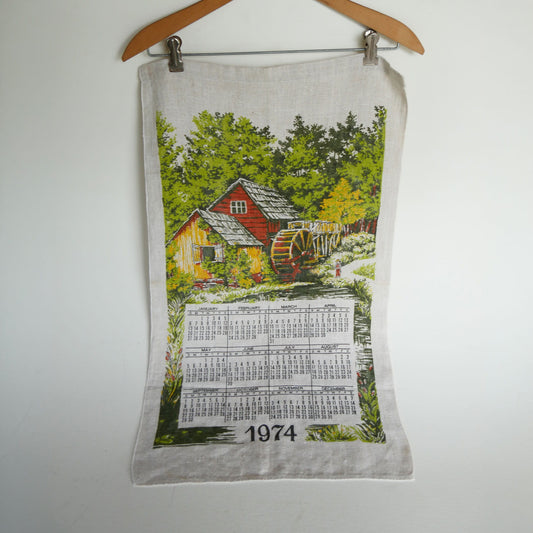 Vintage 1974 Scenic Linen Calendar Tea Towel, Vintage Farmhouse Kitchen, Farmhouse Kitchen Hand Towels, Vintage Calendar, Vintage 1974 Calendar, Vintage 1970s Towel