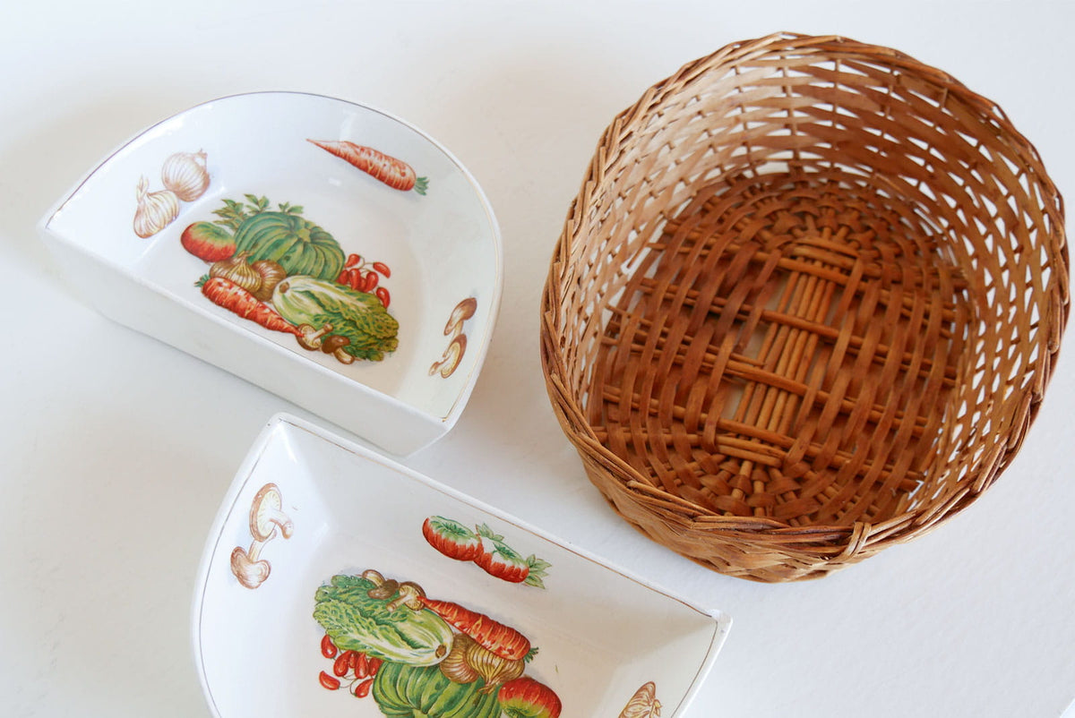 Vintage Ceramic Vegetable Condiment Tray with Wicker Basket, Vintage Vegetable Tray, Vintage Condiment Tray and Basket, VIntage Cottagecore Kitchen Decor, Vintage Cottage Kitchen Decor, Vintage Farmhouse Kitchen Decor